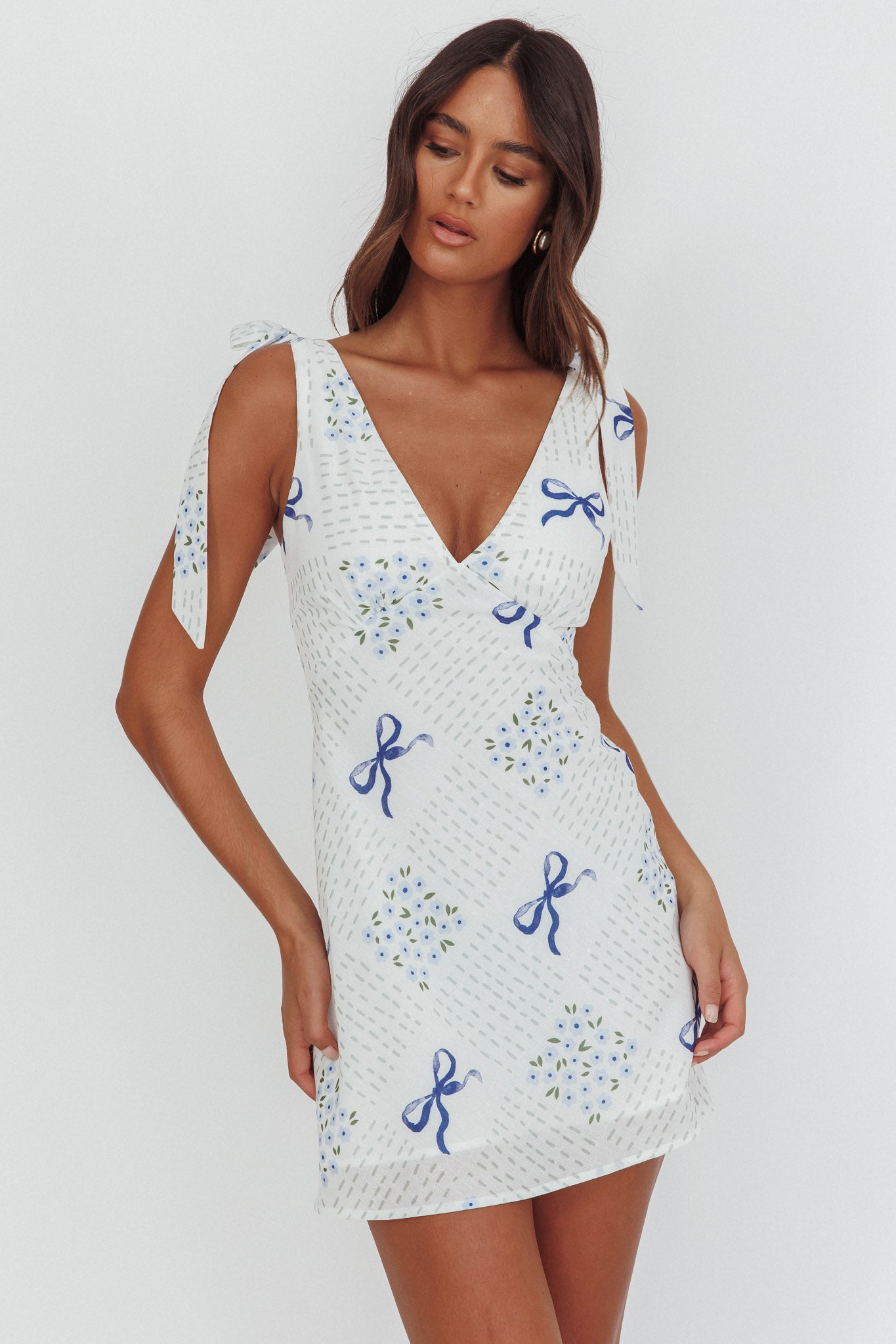 Mykonos Morning Tied Shoulder Mini Dress Bows Blue-Maymioy