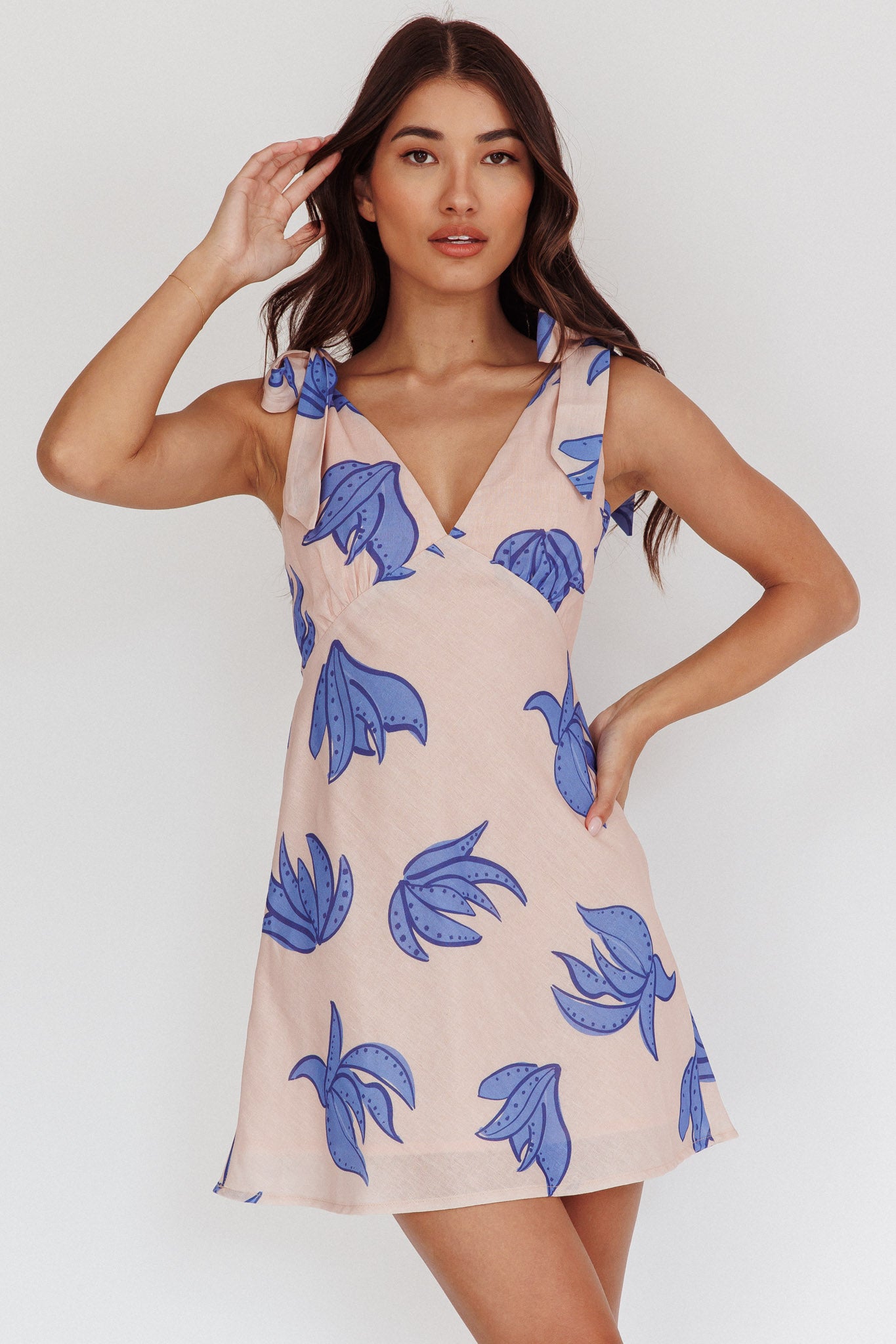 Mykonos Morning Tied Shoulder Mini Dress Plant Print Beige-Maymioy