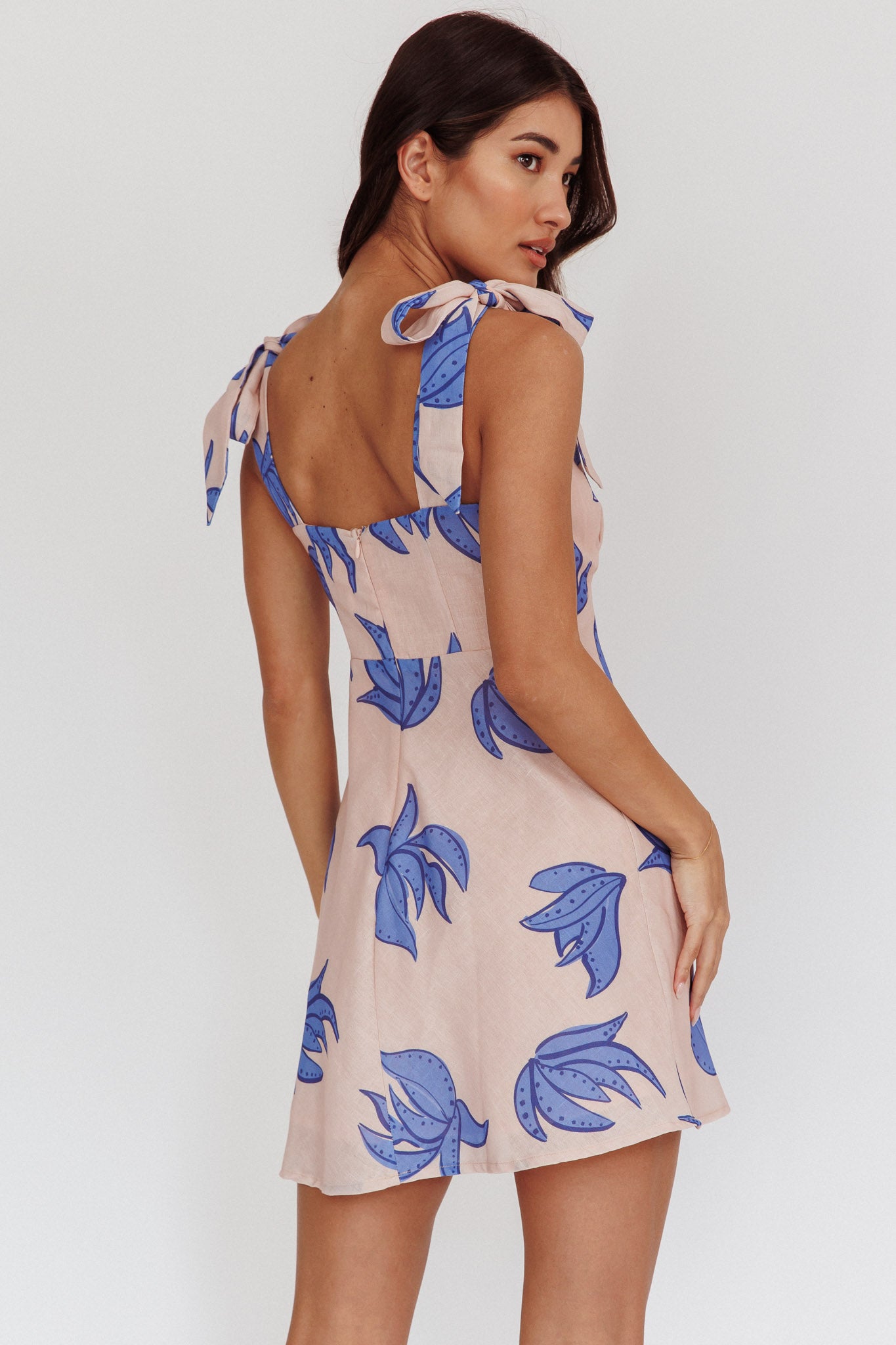 Mykonos Morning Tied Shoulder Mini Dress Plant Print Beige-Maymioy