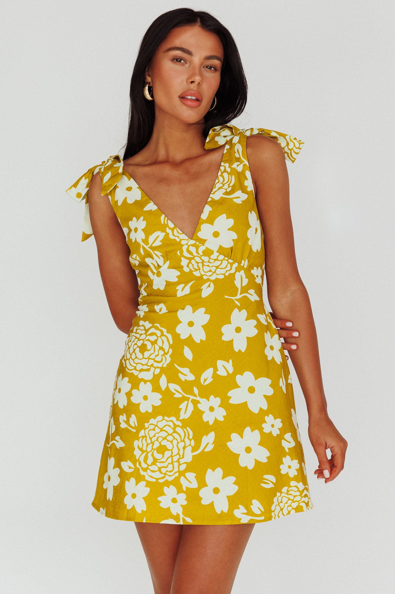 Mykonos Morning Tied Shoulder Mini Dress Floral Tan-Maymioy