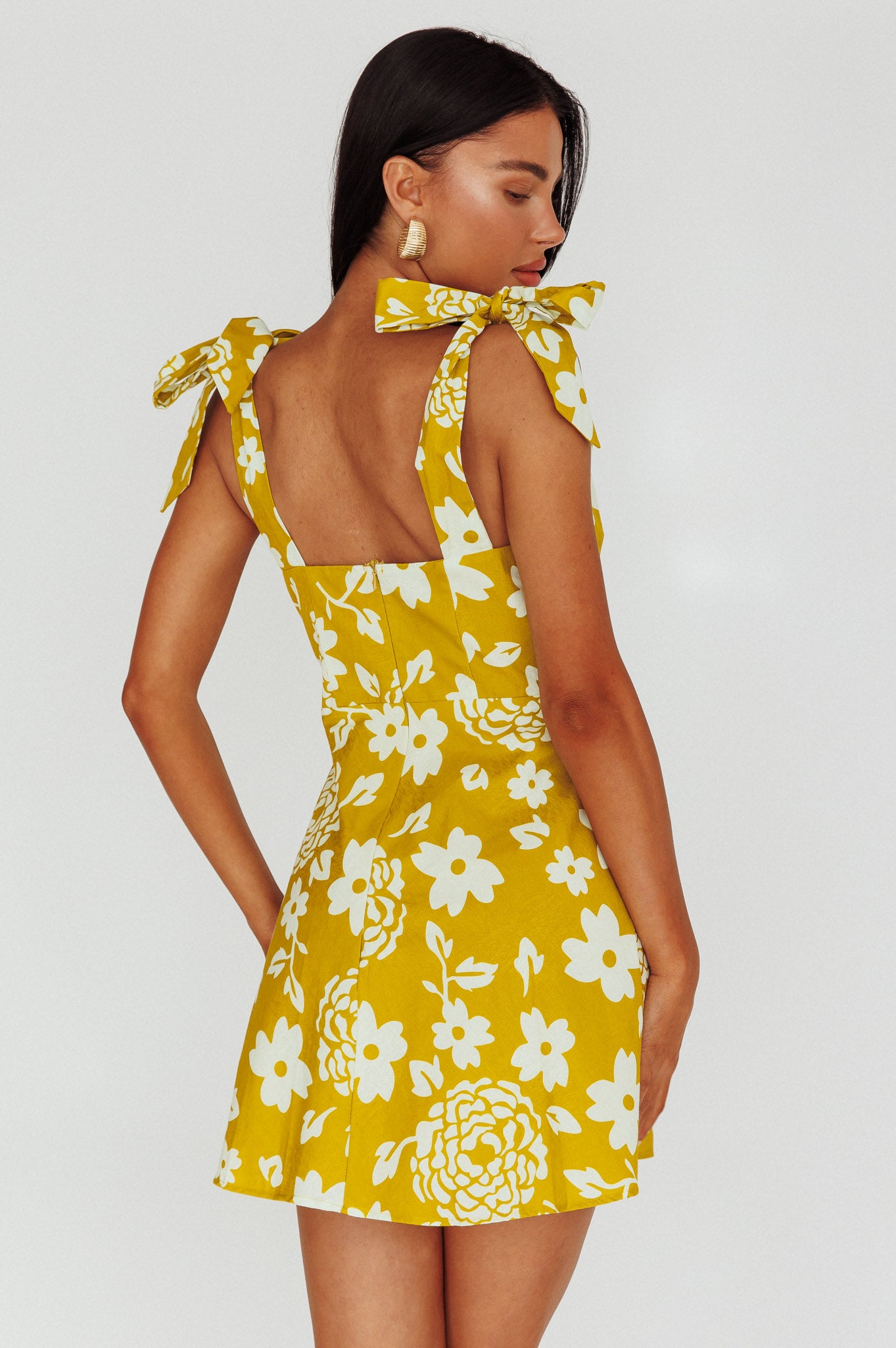 Mykonos Morning Tied Shoulder Mini Dress Floral Tan-Maymioy