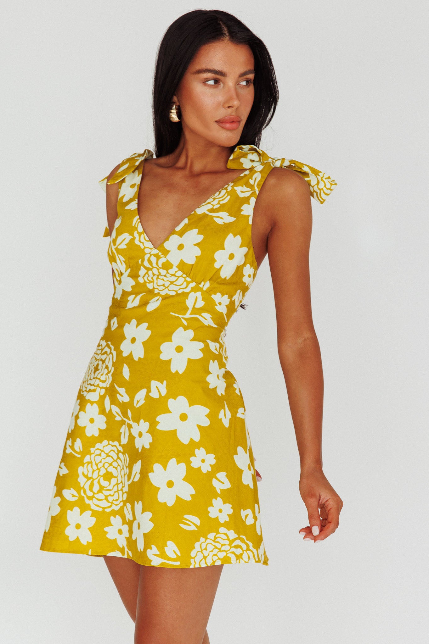 Mykonos Morning Tied Shoulder Mini Dress Floral Tan-Maymioy