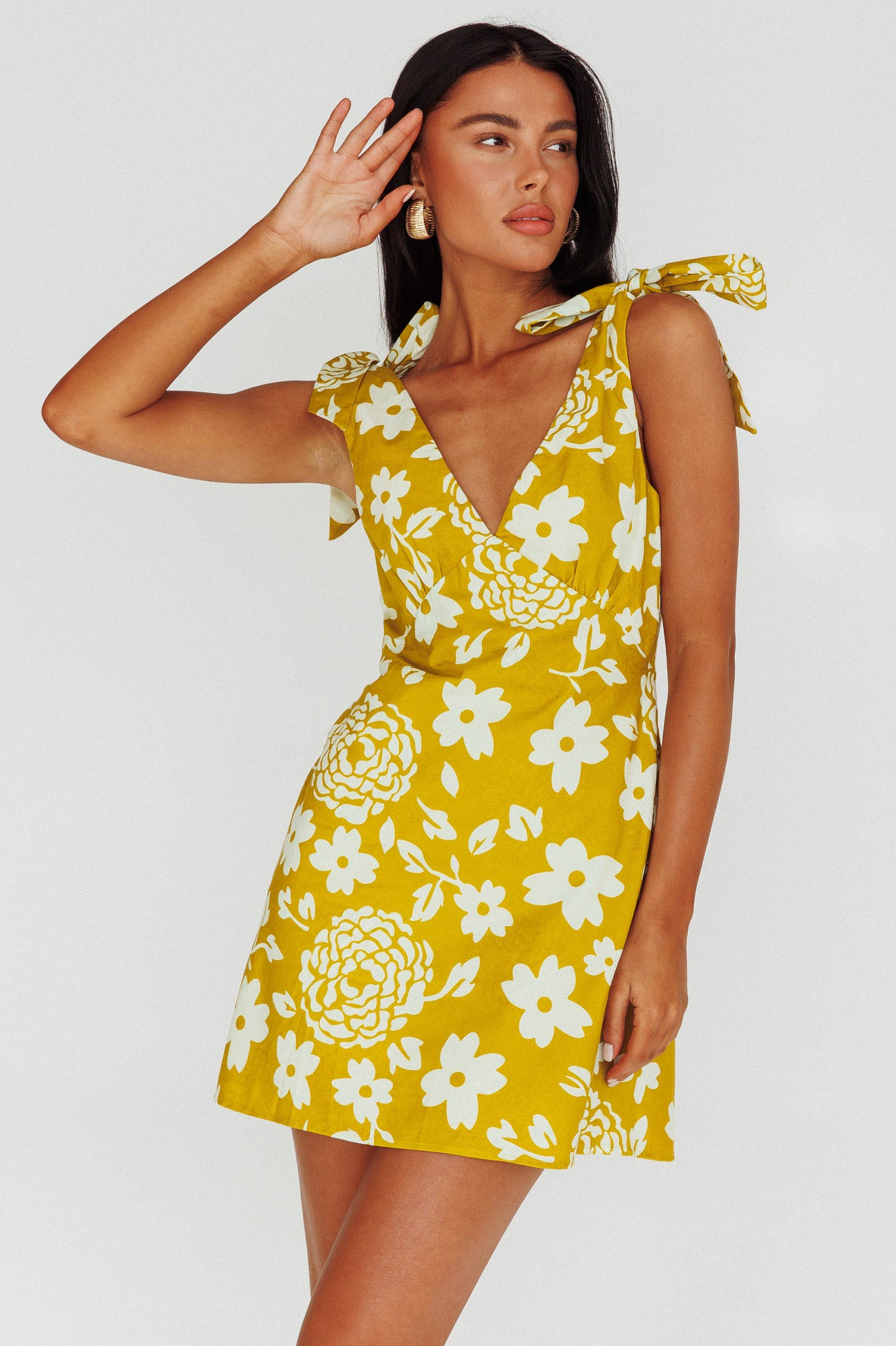Mykonos Morning Tied Shoulder Mini Dress Floral Tan-Maymioy
