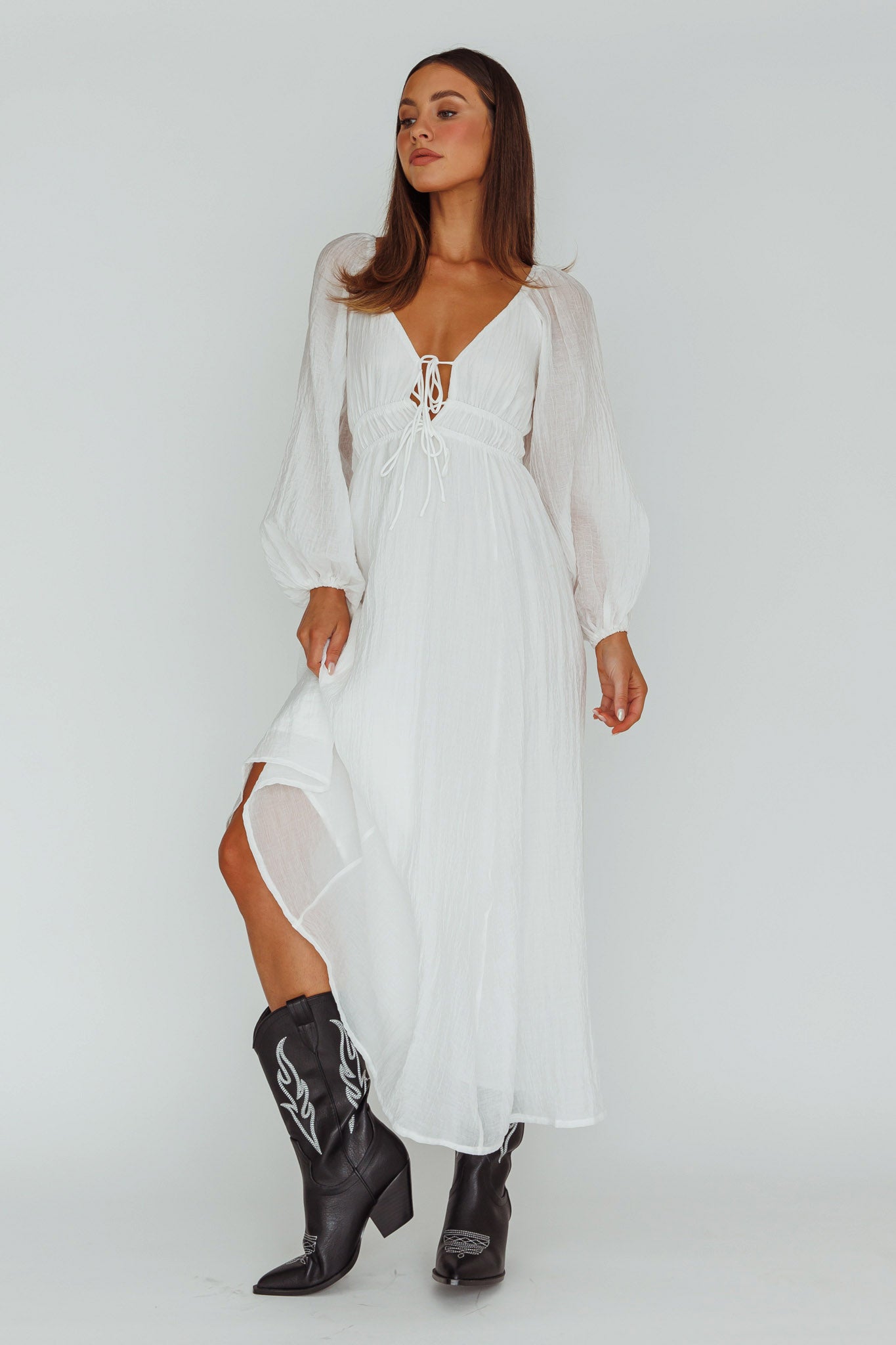 Kylin Balloon Sleeve Tied Bust Maxi Dress White-Maymioy