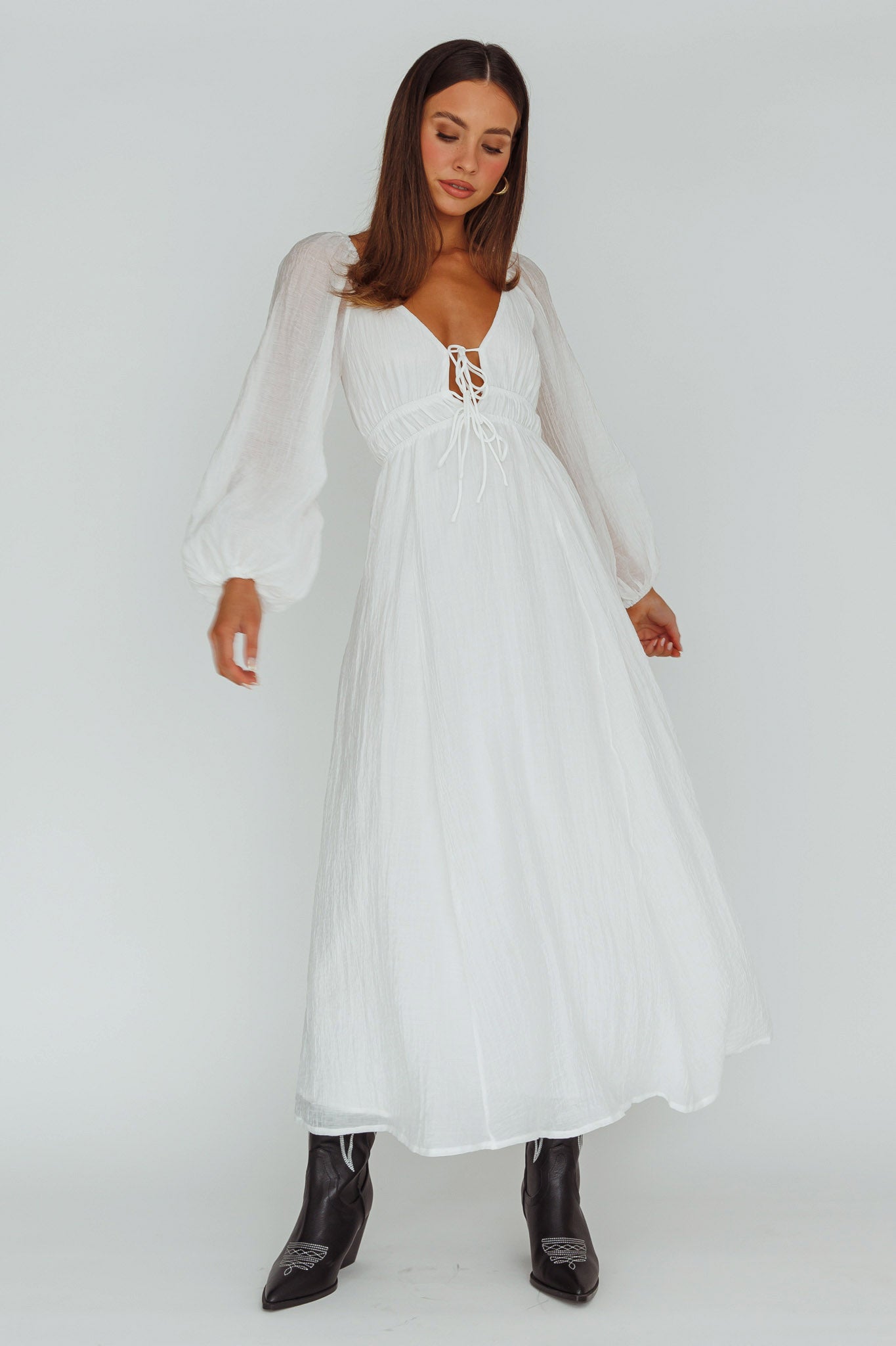 Kylin Balloon Sleeve Tied Bust Maxi Dress White-Maymioy