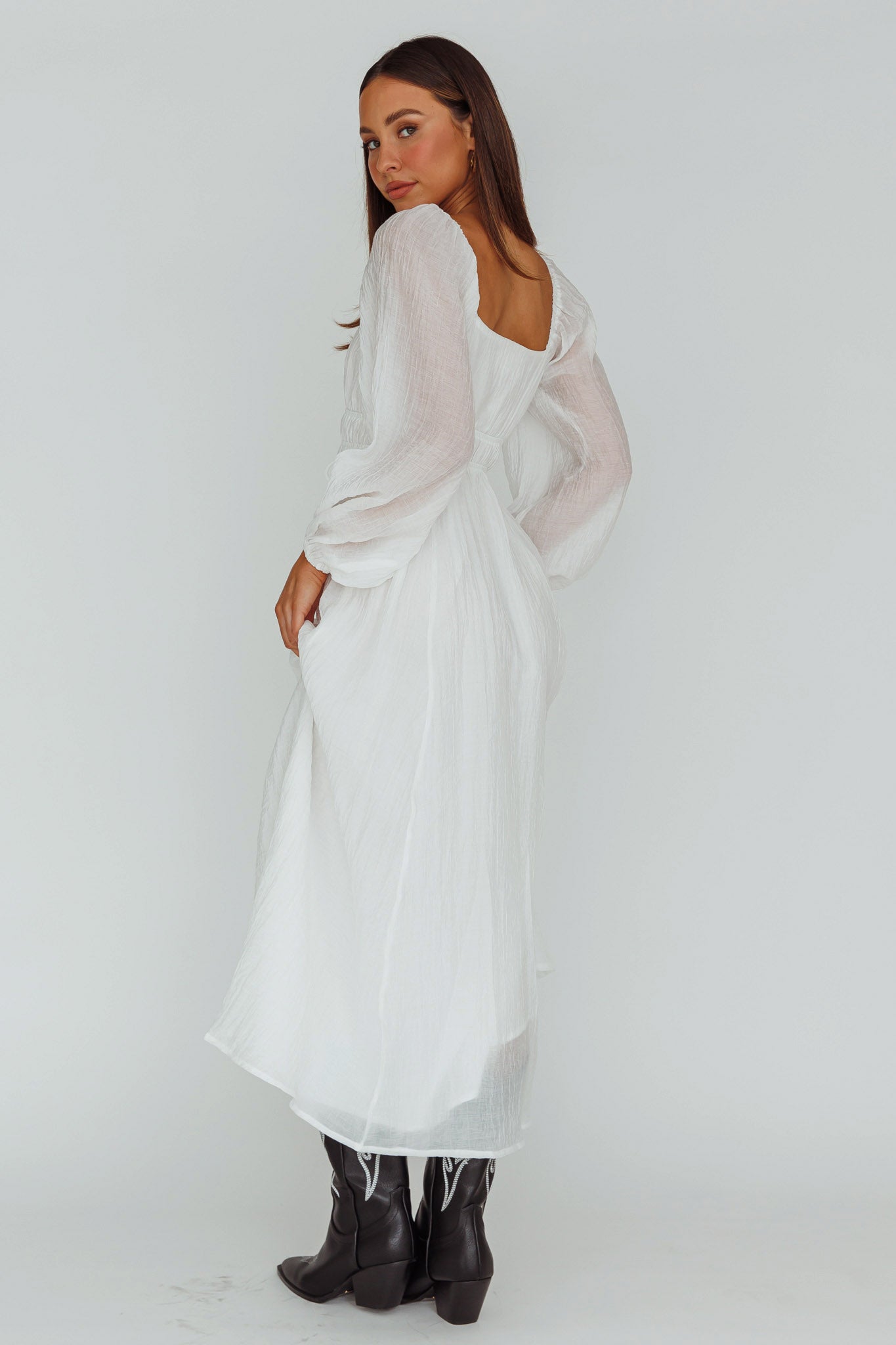Kylin Balloon Sleeve Tied Bust Maxi Dress White-Maymioy