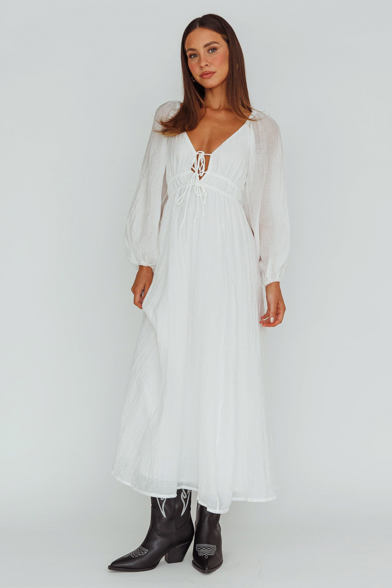 Kylin Balloon Sleeve Tied Bust Maxi Dress White-Maymioy