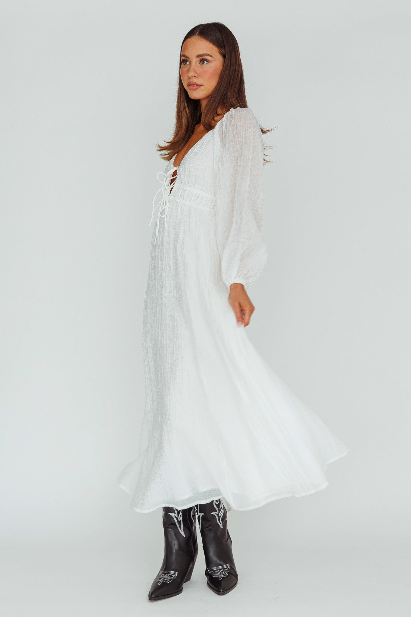 Kylin Balloon Sleeve Tied Bust Maxi Dress White-Maymioy