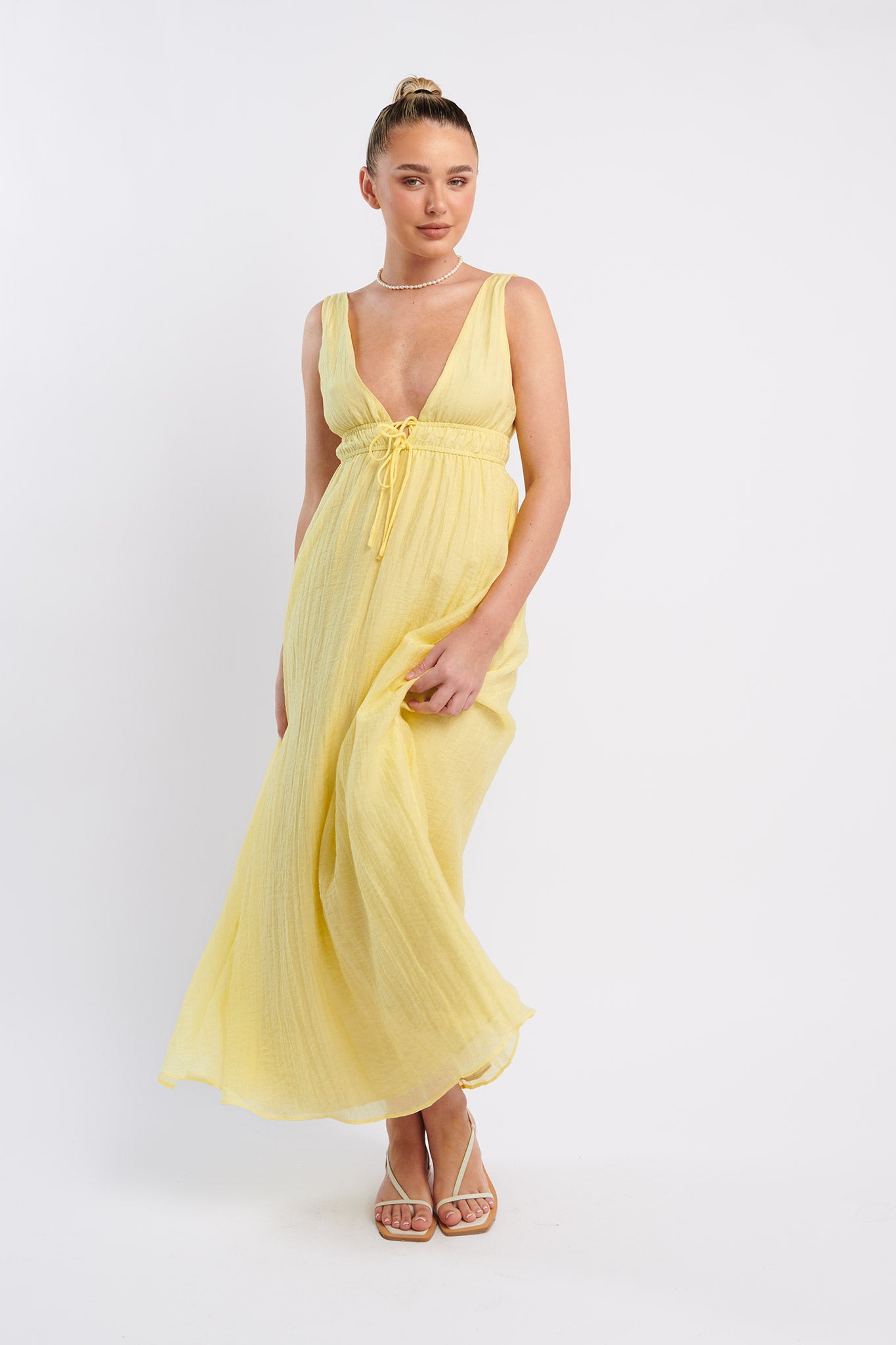 Kylin V-Neck Tied Bust Maxi Dress Lemon-Maymioy