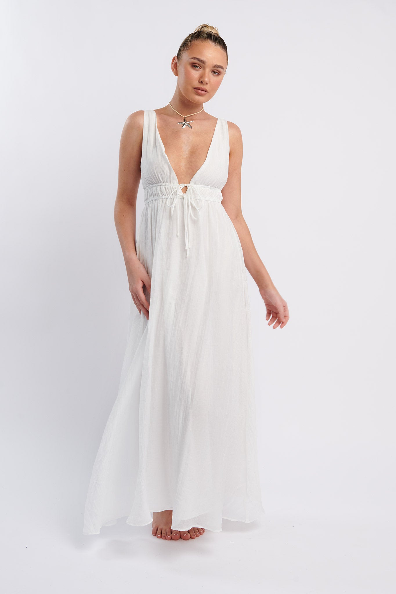 Kylin V-Neck Tied Bust Maxi Dress White-Maymioy