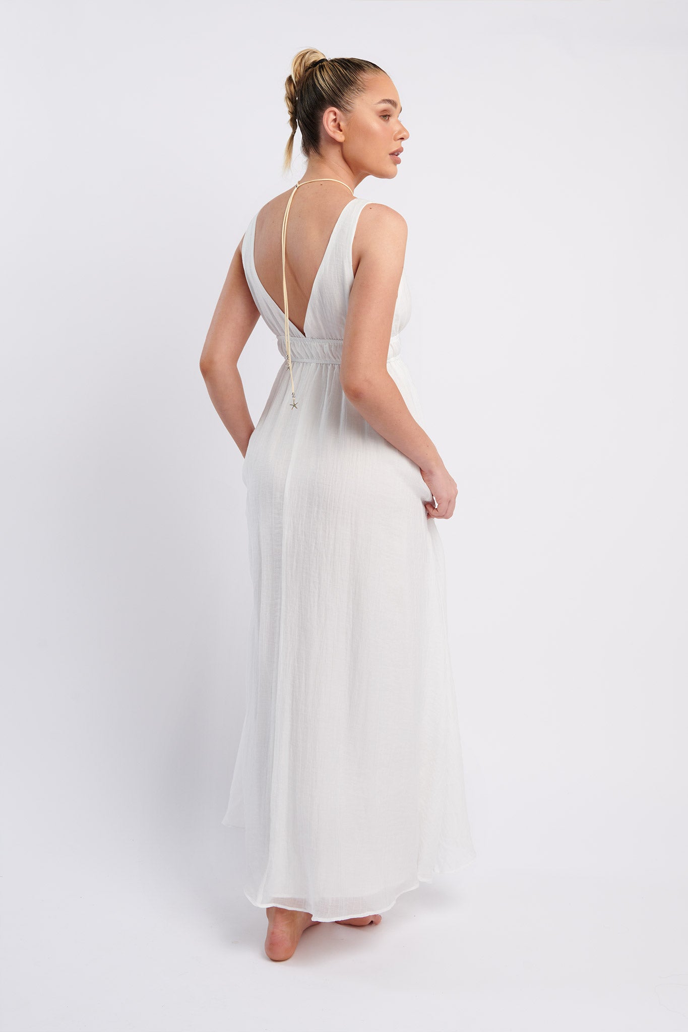 Kylin V-Neck Tied Bust Maxi Dress White-Maymioy