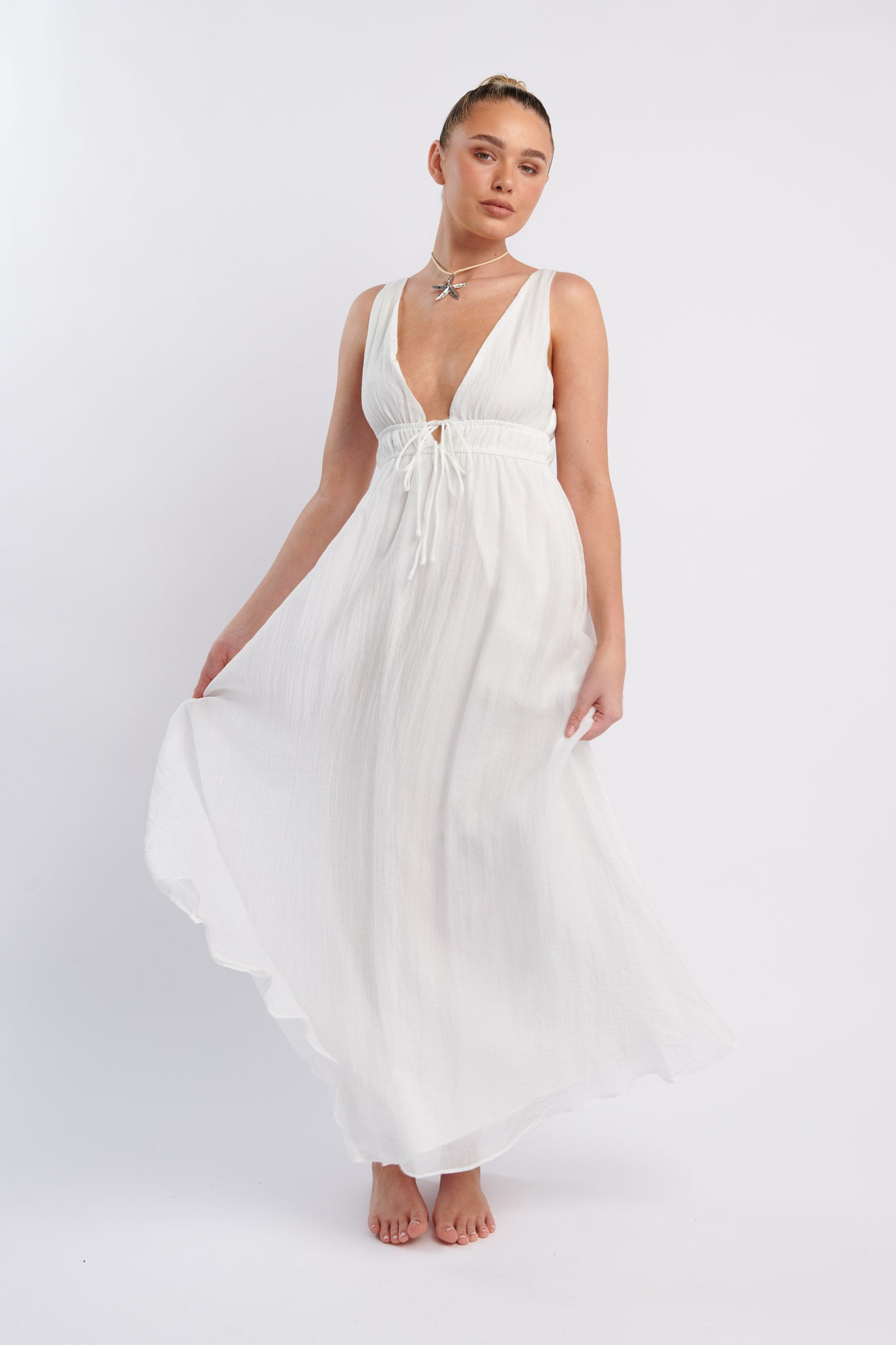 Kylin V-Neck Tied Bust Maxi Dress White-Maymioy