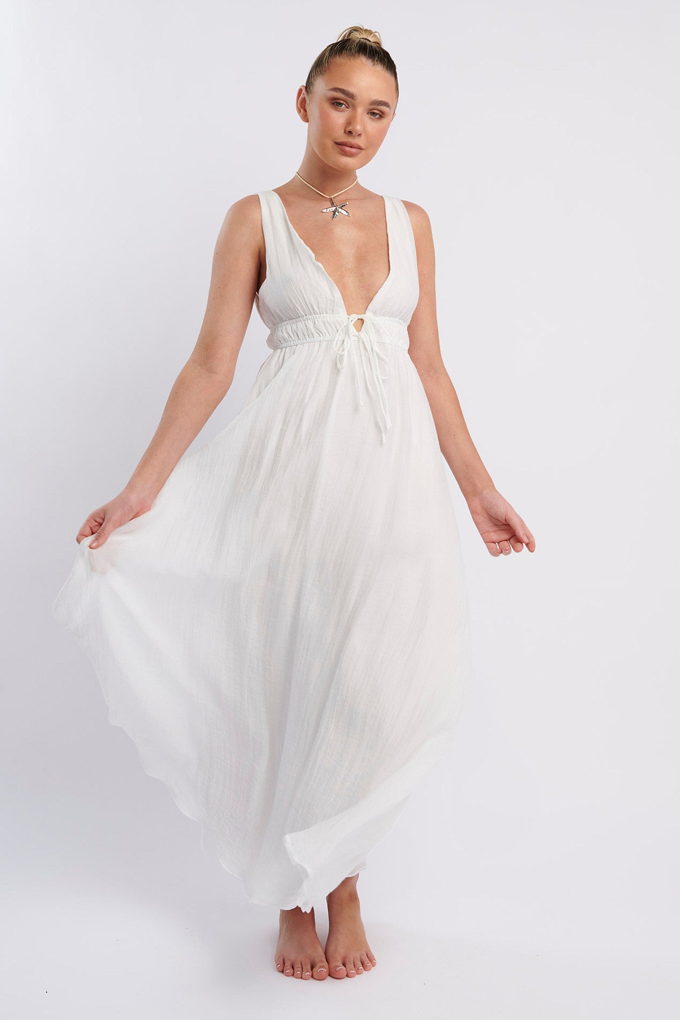 Kylin V-Neck Tied Bust Maxi Dress White-Maymioy