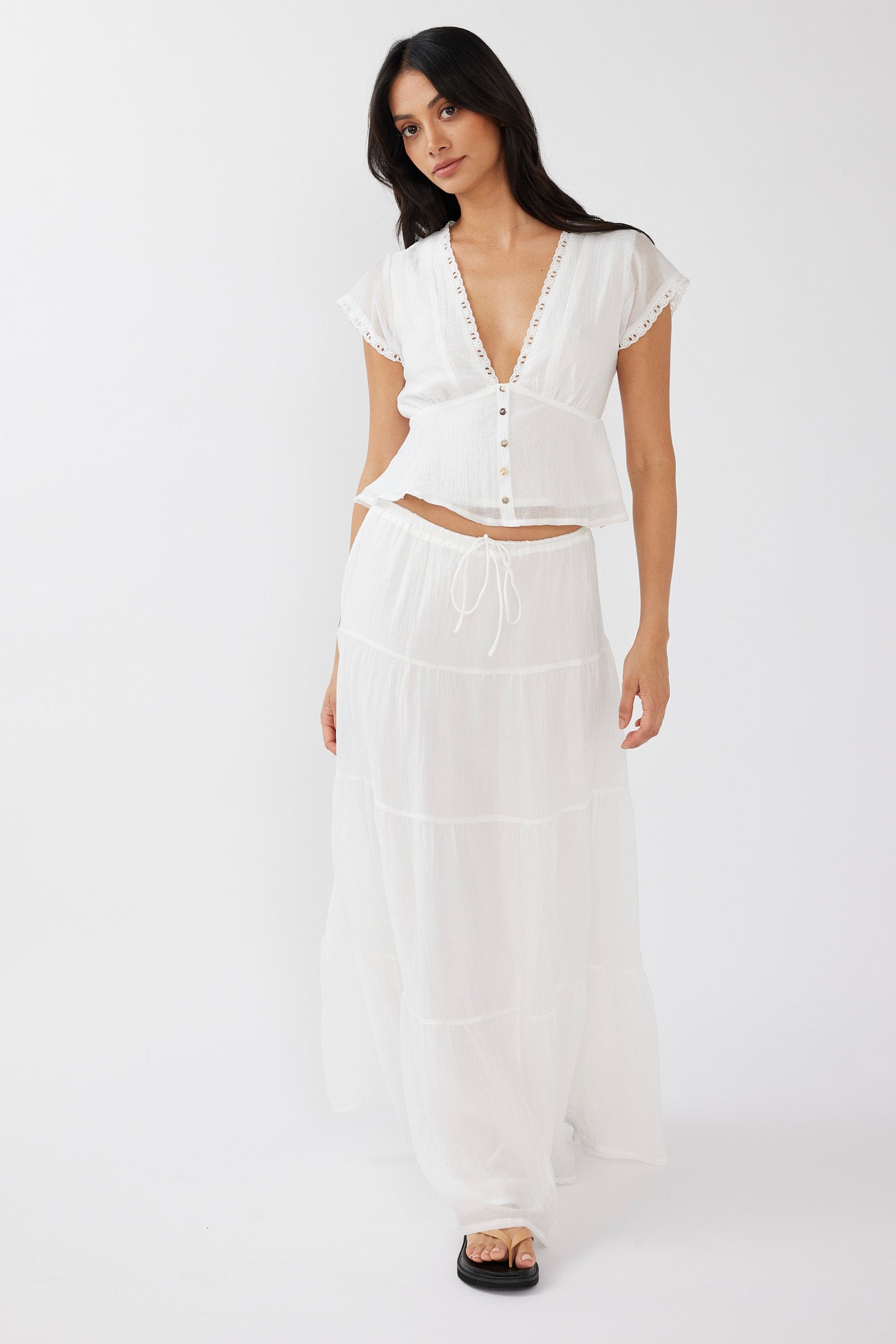 Azura Drawstring Maxi Skirt White-Maymioy