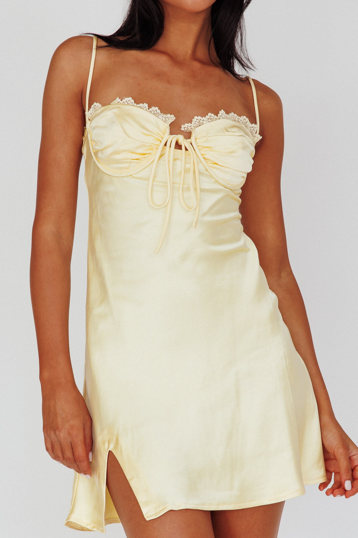 Fortune Lace Trim Bust Tie Mini Dress Butter-Maymioy