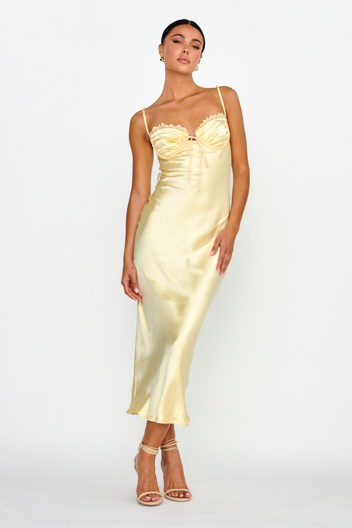 Fortune Lace Trim Bust Tie Midi Dress Butter-Maymioy