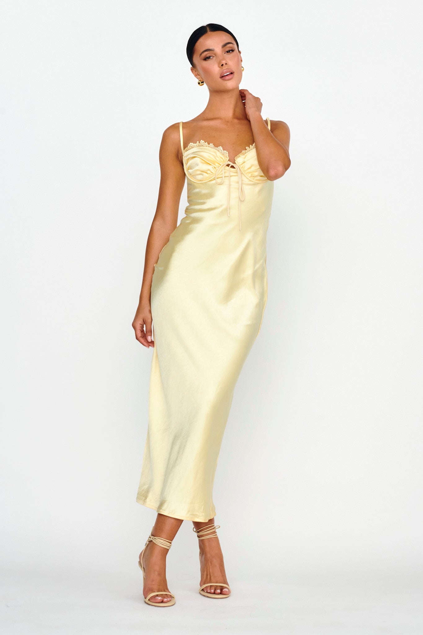 Fortune Lace Trim Bust Tie Midi Dress Butter-Maymioy