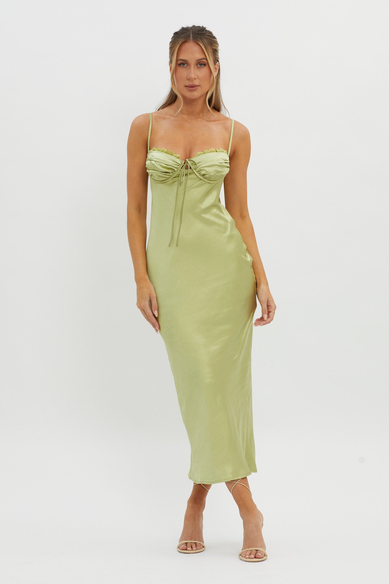 Fortune Lace Trim Bust Tie Midi Dress Lime-Maymioy
