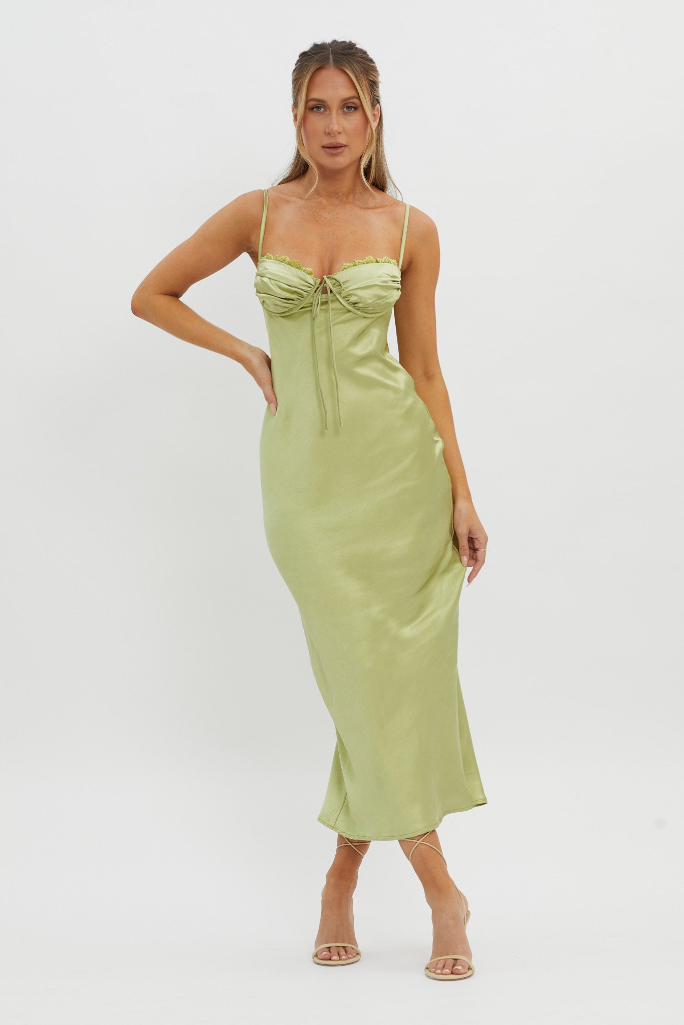 Fortune Lace Trim Bust Tie Midi Dress Lime-Maymioy