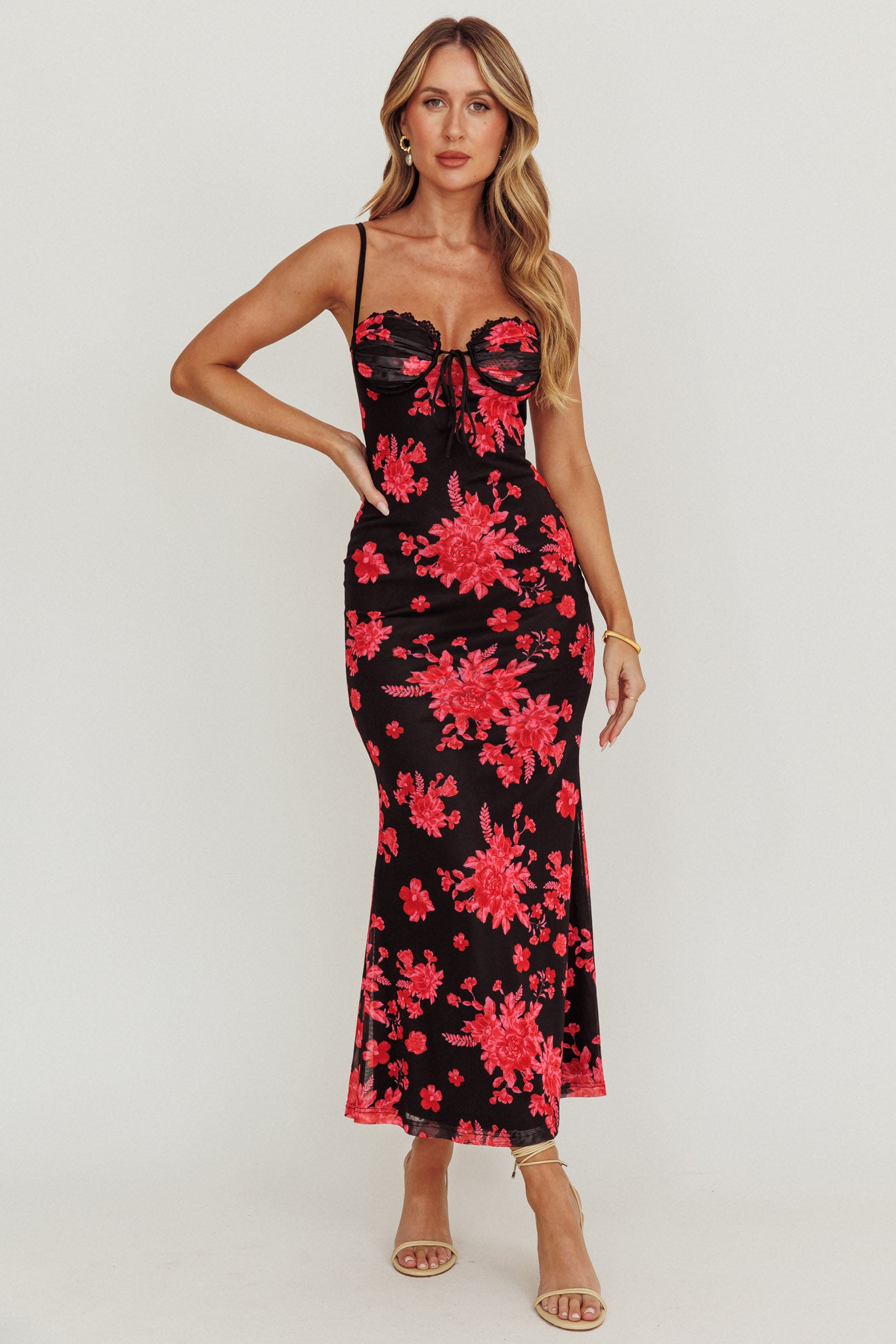 Fortune Lace Trim Mesh Midi Dress Black-Maymioy