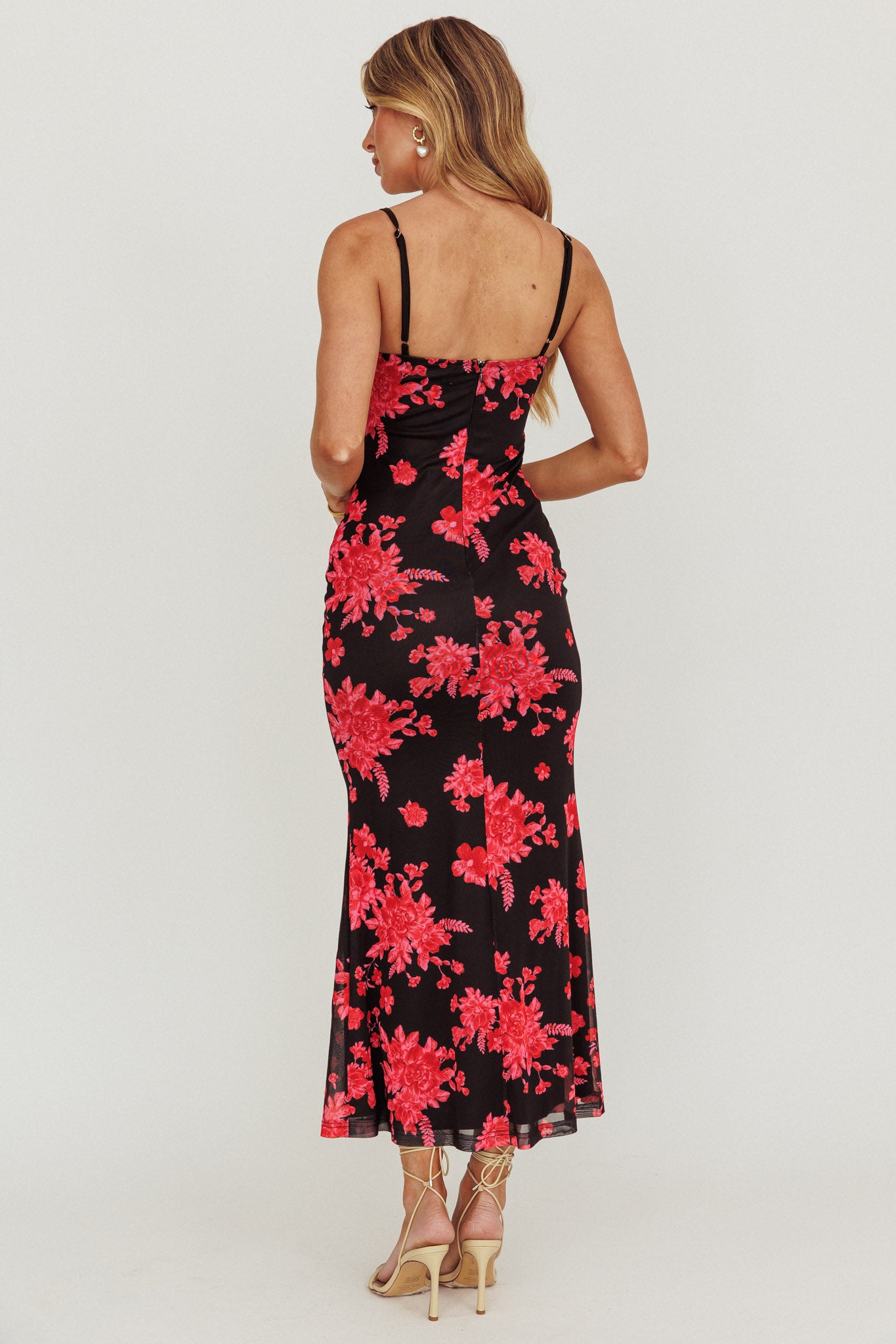 Fortune Lace Trim Mesh Midi Dress Black-Maymioy