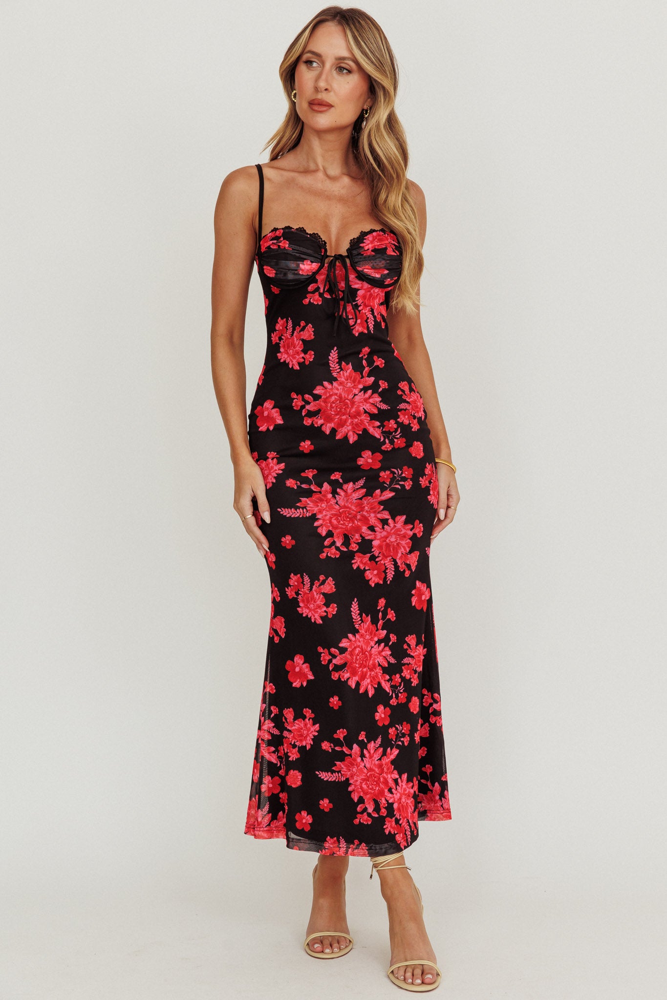 Fortune Lace Trim Mesh Midi Dress Black-Maymioy
