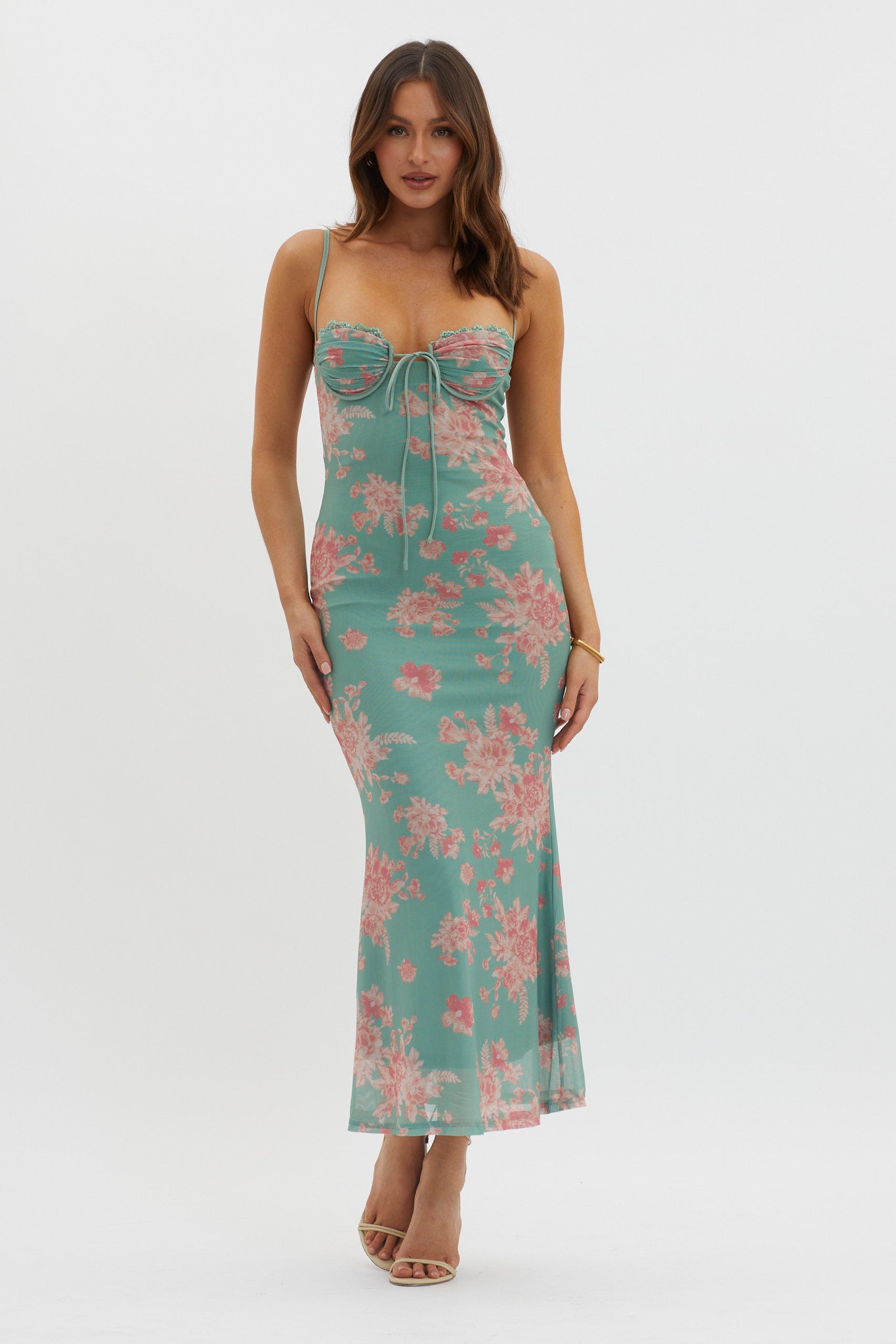 Fortune Lace Trim Mesh Midi Dress Green-Maymioy