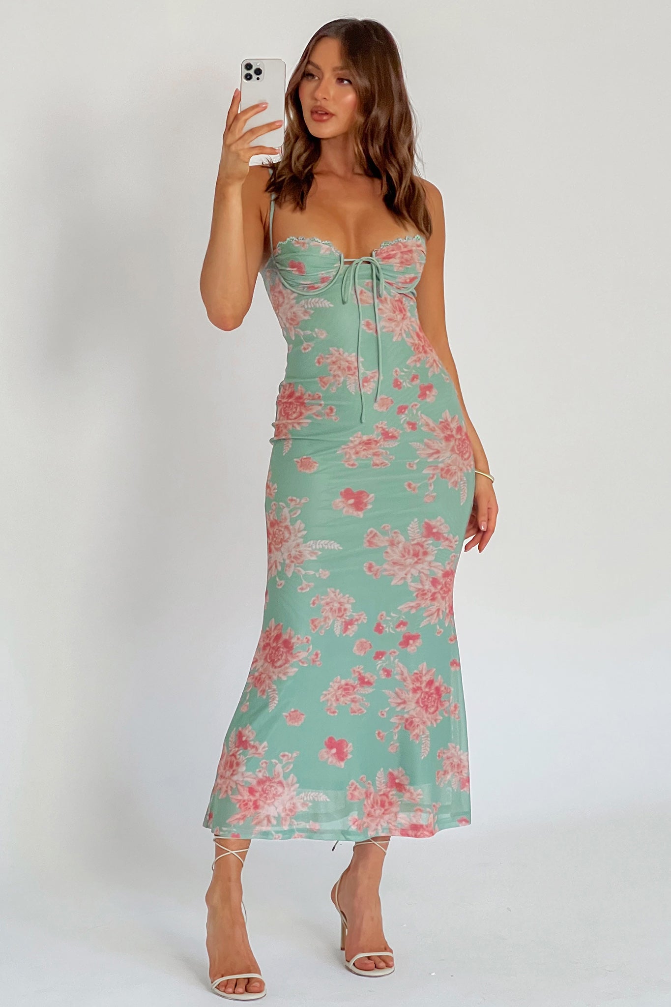Fortune Lace Trim Mesh Midi Dress Green-Maymioy
