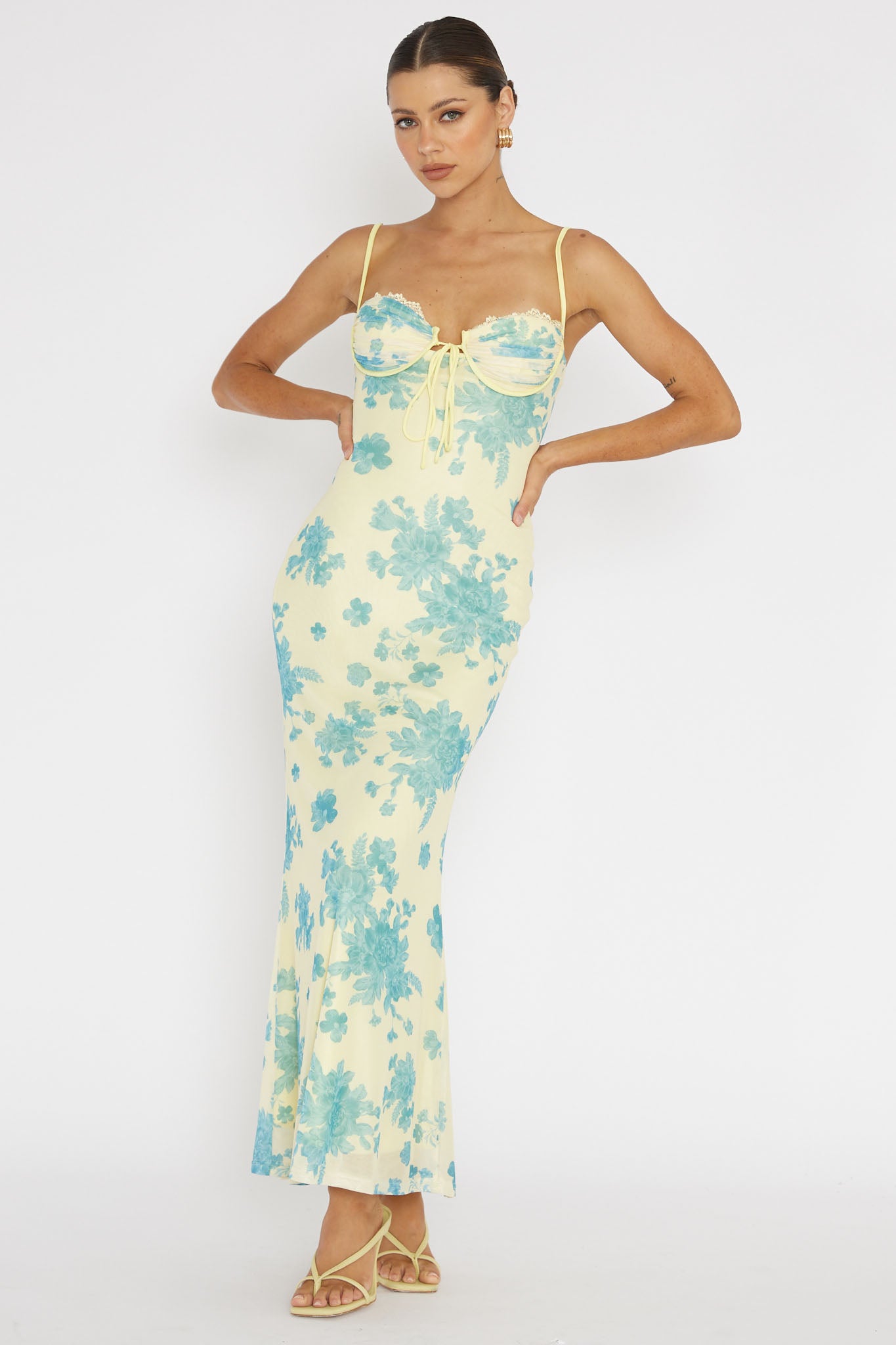Fortune Lace Trim Mesh Midi Dress Yellow-Maymioy