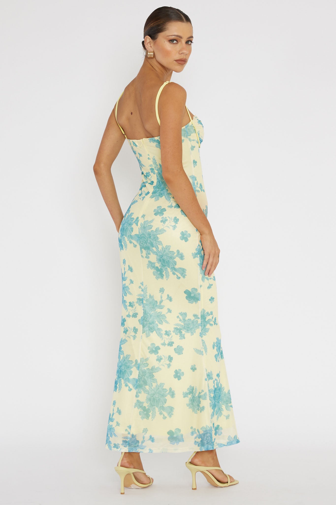 Fortune Lace Trim Mesh Midi Dress Yellow-Maymioy