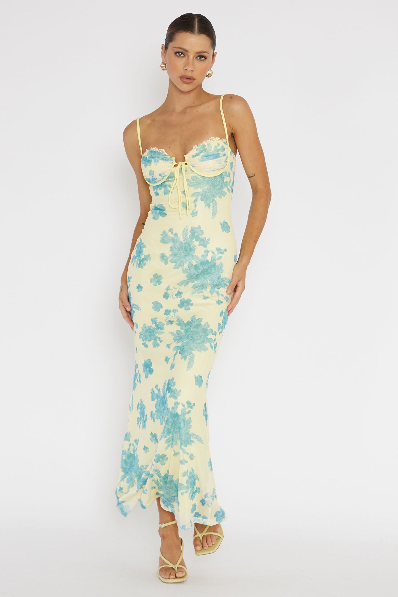 Fortune Lace Trim Mesh Midi Dress Yellow-Maymioy