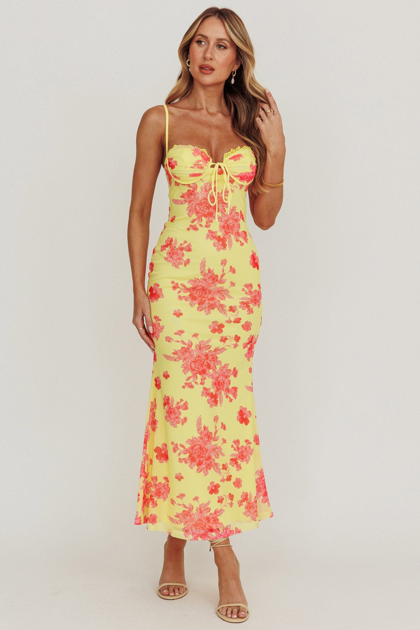 Fortune Mesh Floral Midi Dress Pink/Yellow-Maymioy