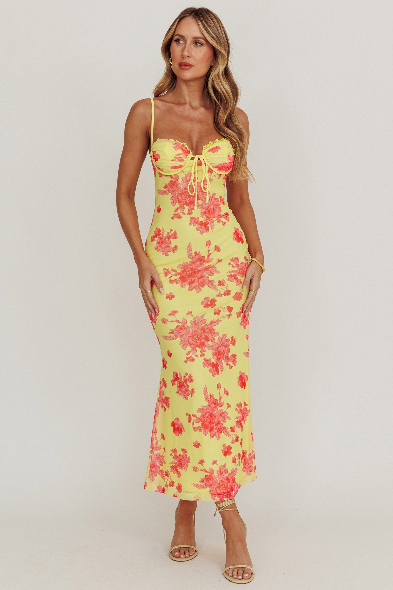 Fortune Mesh Floral Midi Dress Pink/Yellow-Maymioy