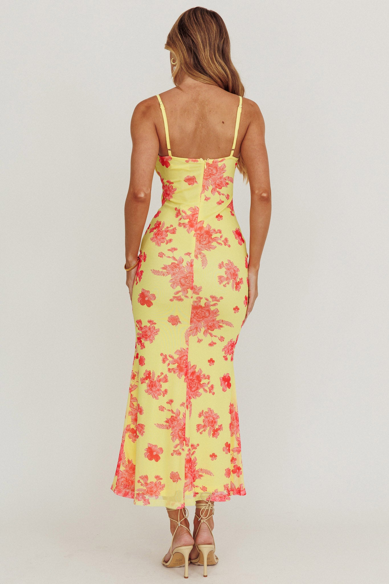 Fortune Mesh Floral Midi Dress Pink/Yellow-Maymioy