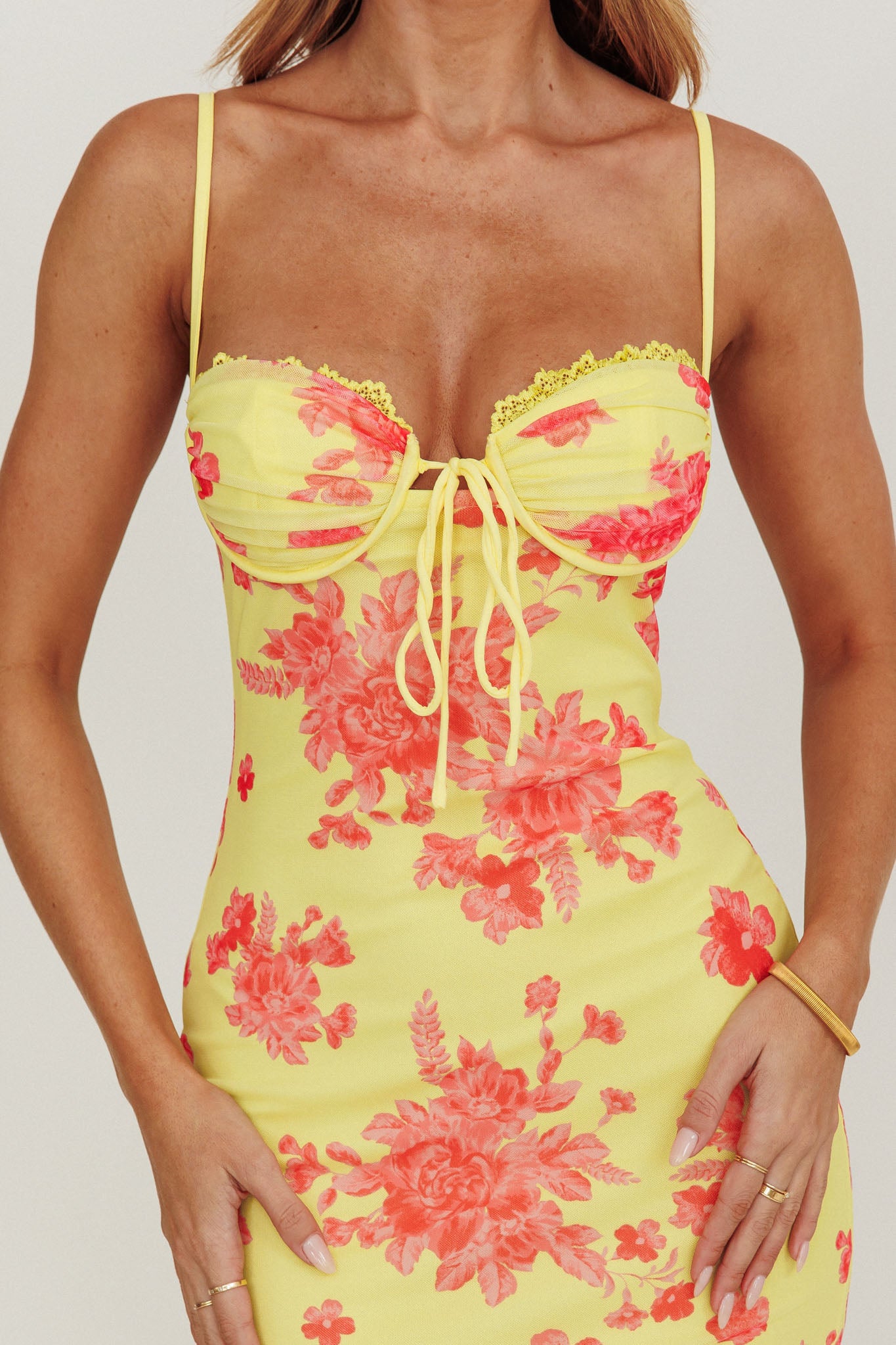 Fortune Mesh Floral Midi Dress Pink/Yellow-Maymioy