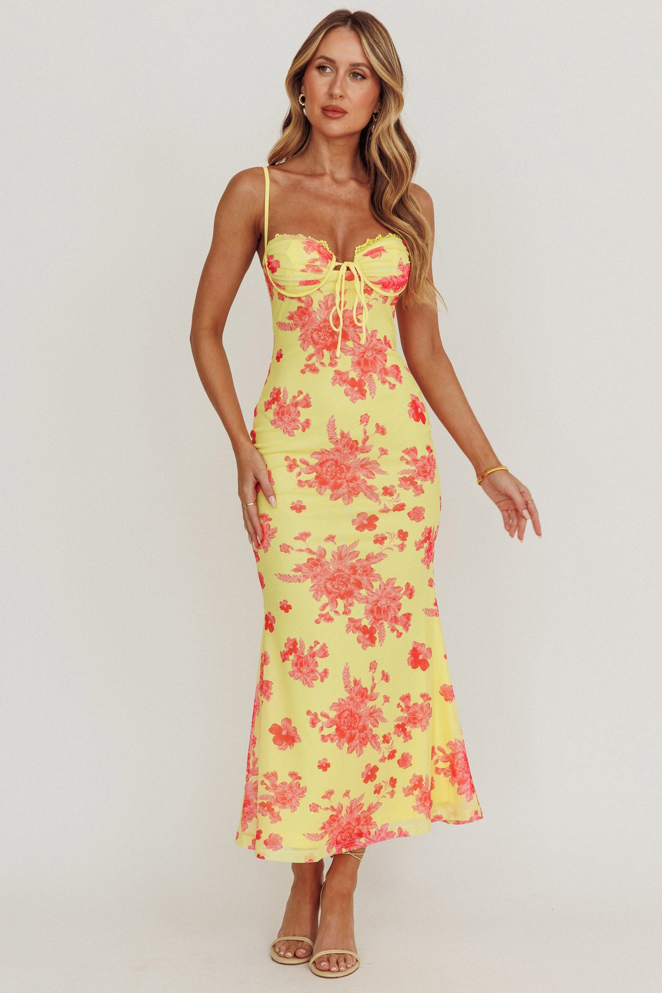 Fortune Mesh Floral Midi Dress Pink/Yellow-Maymioy
