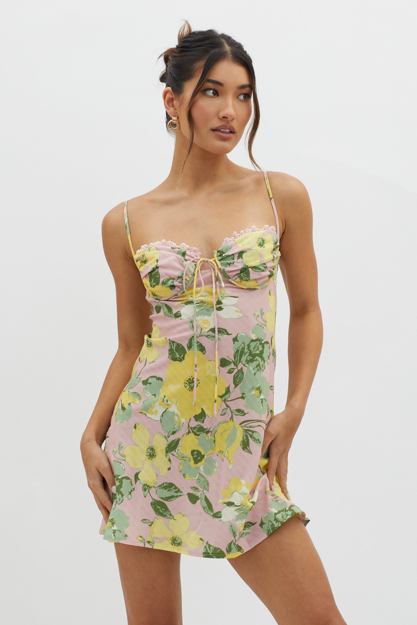 Fortune Lace Trim Bust Tie Mini Dress Floral Pink-Maymioy