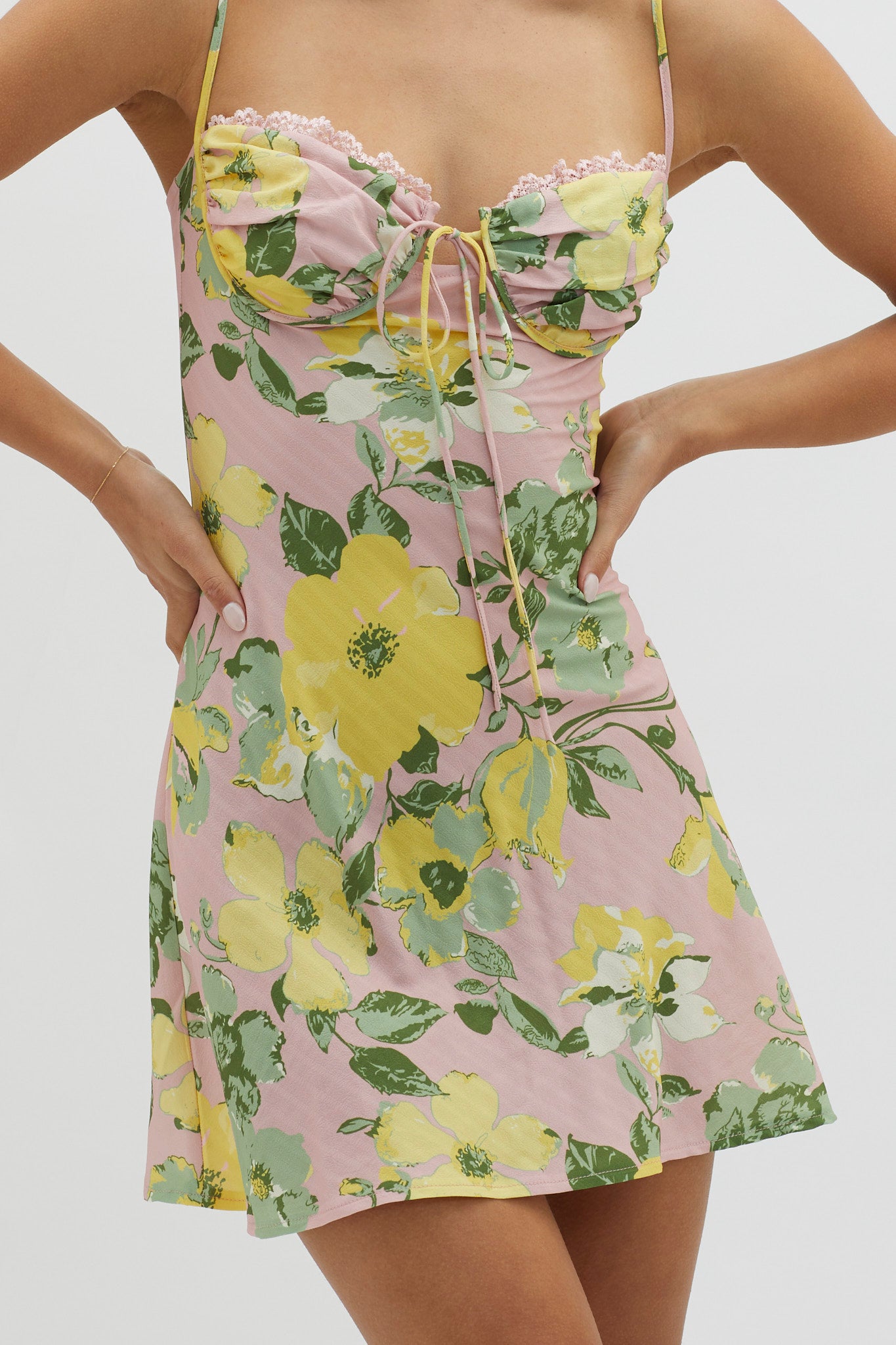 Fortune Lace Trim Bust Tie Mini Dress Floral Pink-Maymioy