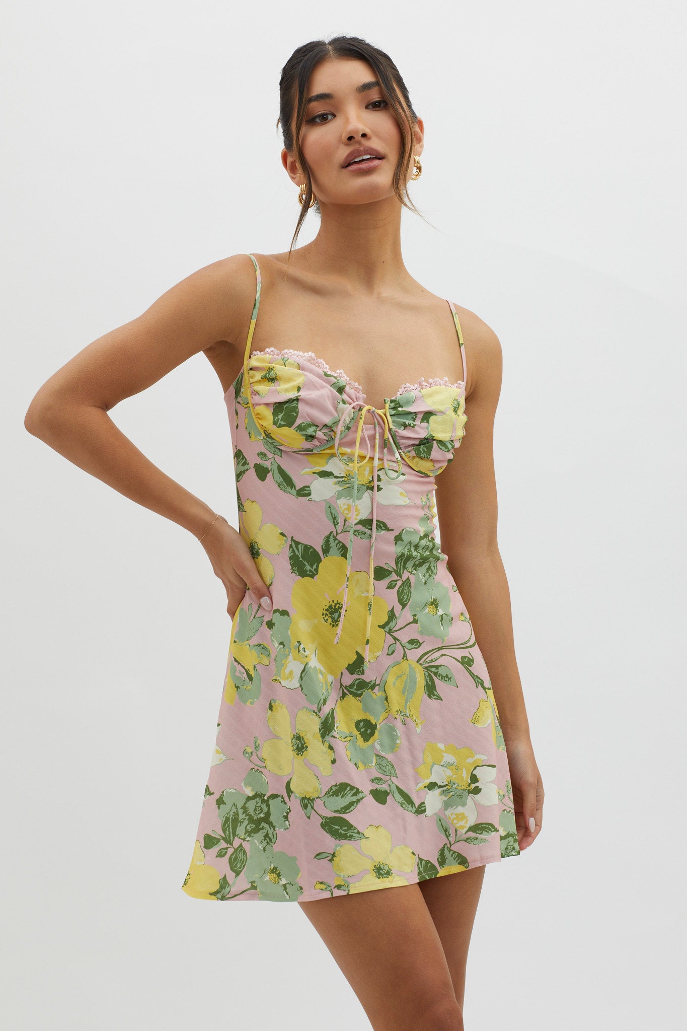 Fortune Lace Trim Bust Tie Mini Dress Floral Pink-Maymioy
