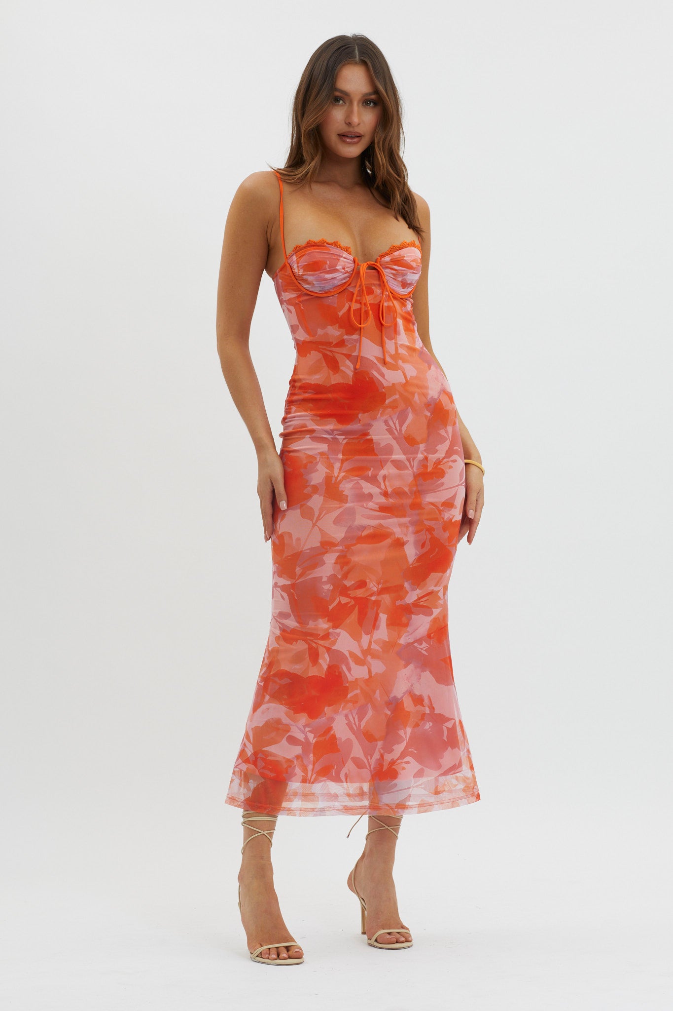 Fortune Lace Trim Mesh Midi Dress Orange-Maymioy