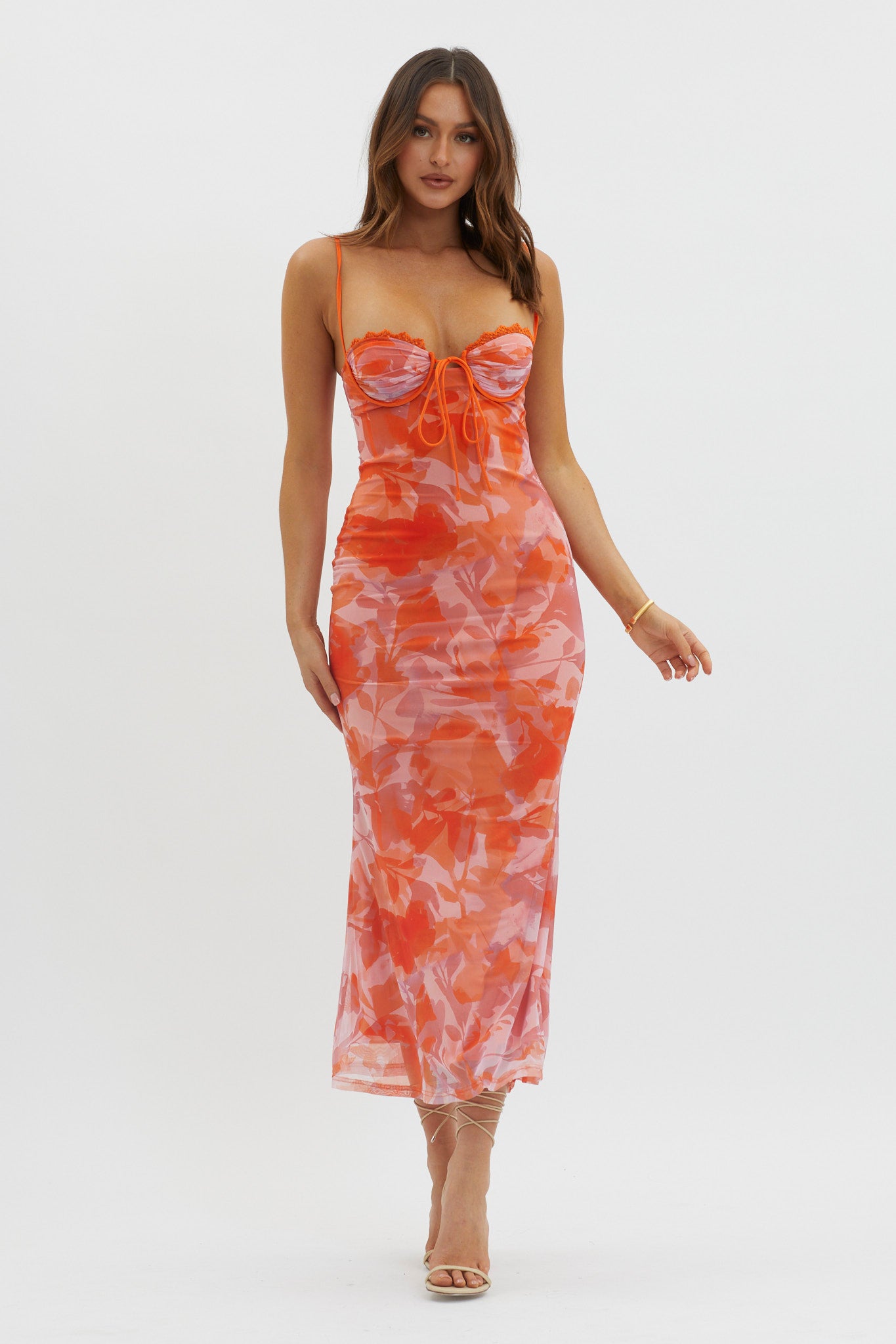 Fortune Lace Trim Mesh Midi Dress Orange-Maymioy