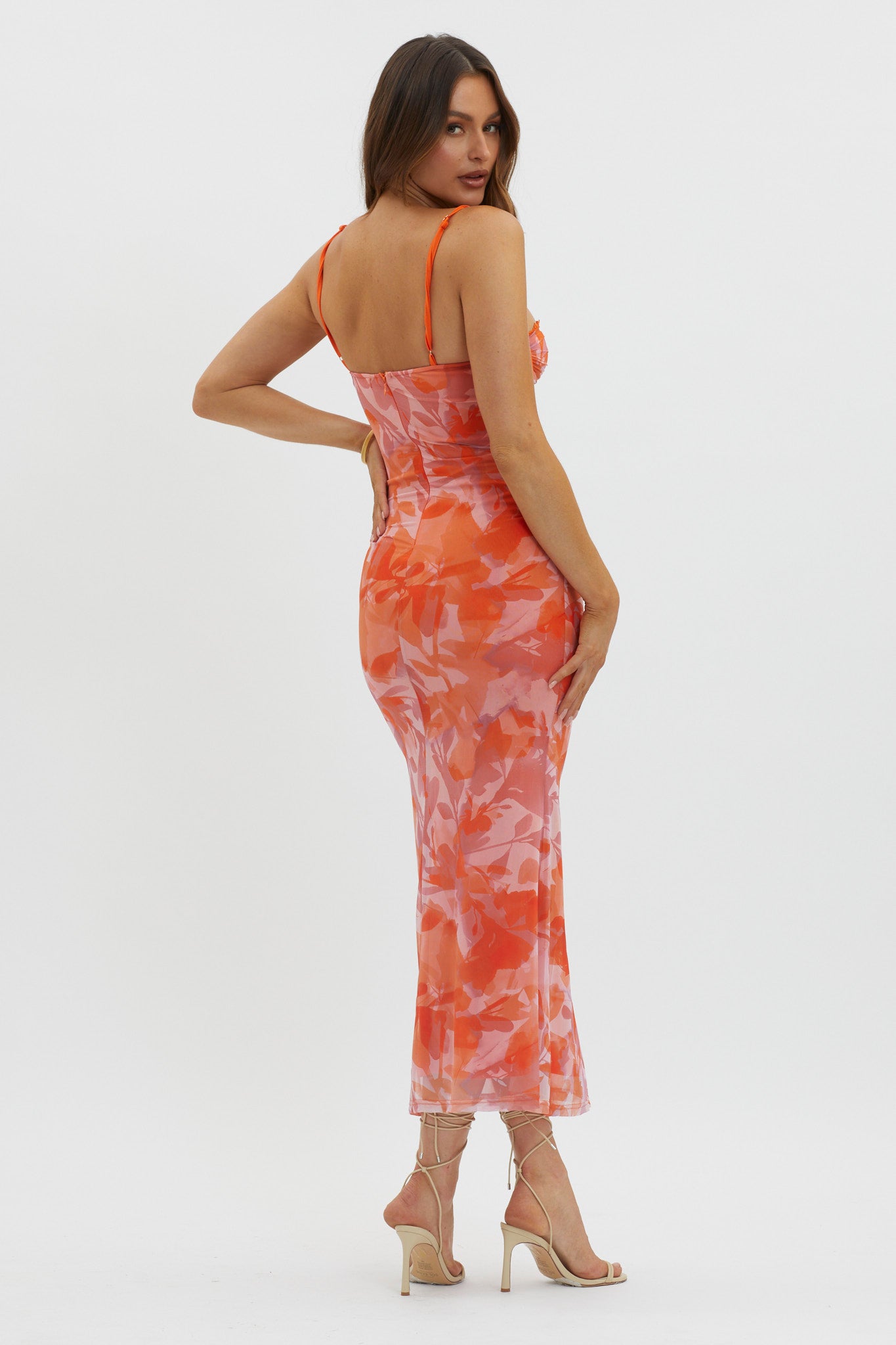 Fortune Lace Trim Mesh Midi Dress Orange-Maymioy