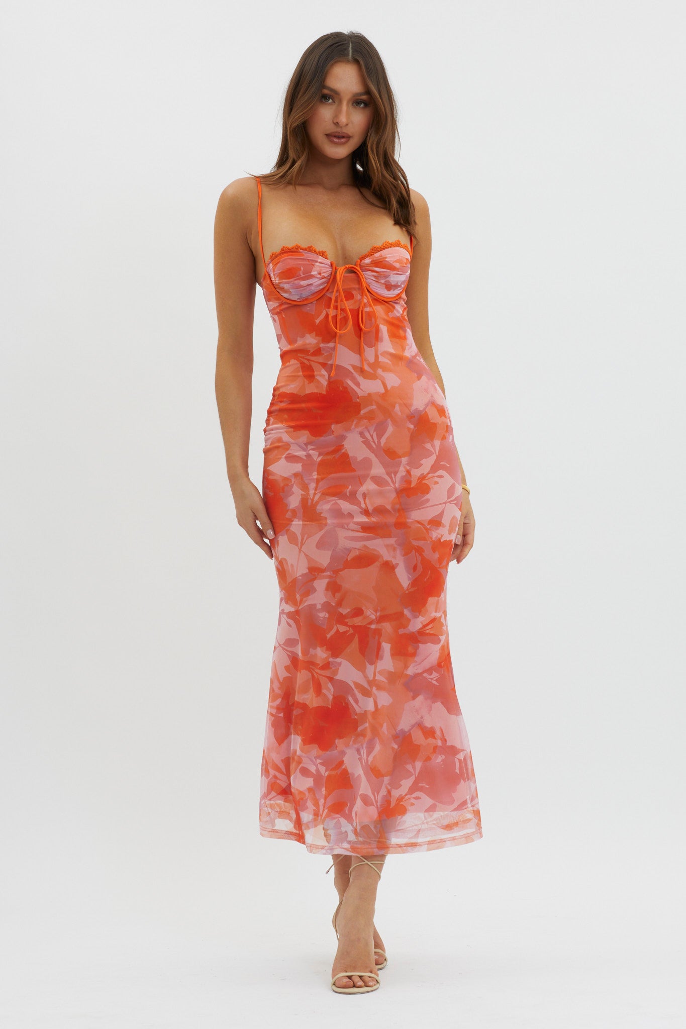 Fortune Lace Trim Mesh Midi Dress Orange-Maymioy