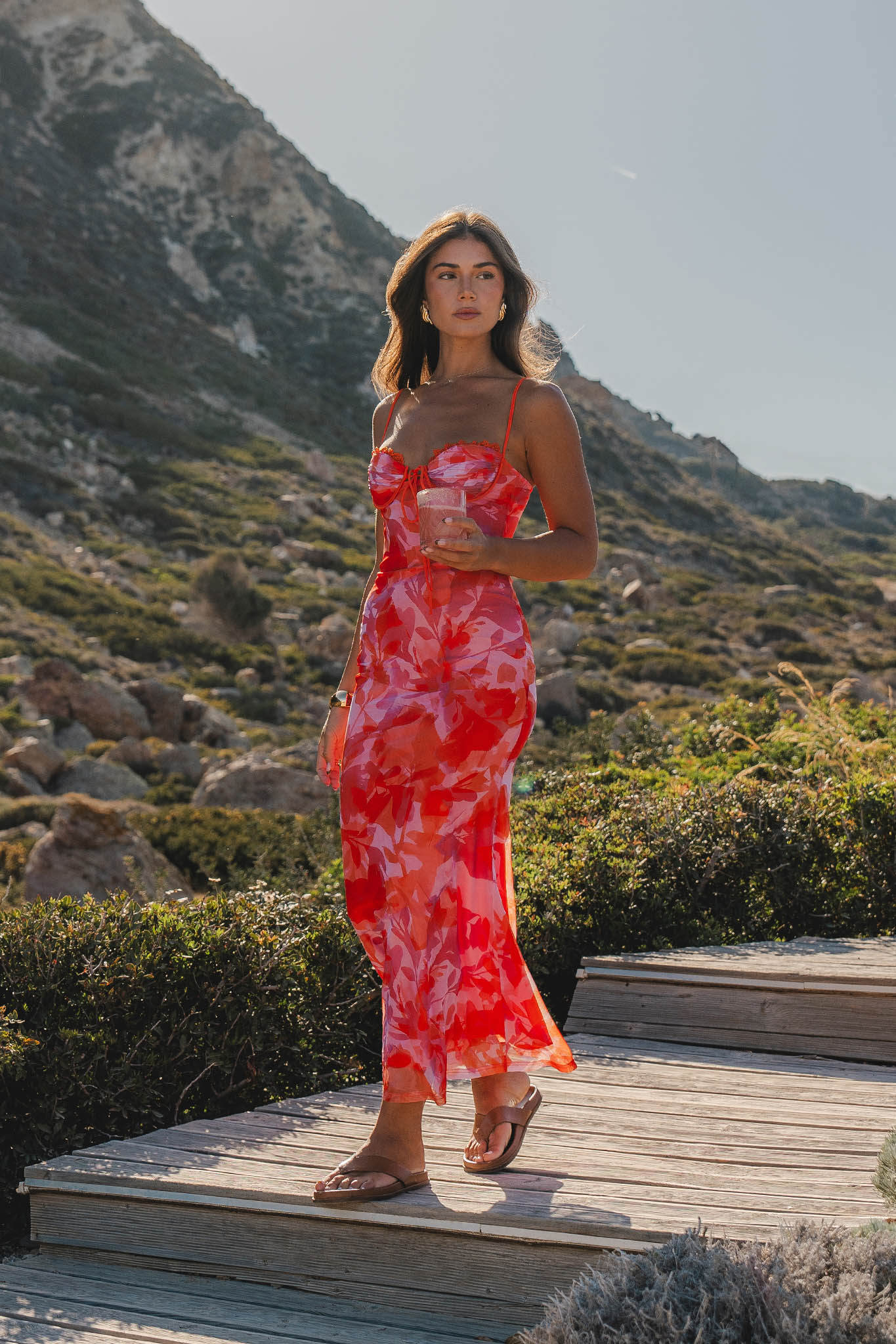 Fortune Lace Trim Mesh Midi Dress Orange-Maymioy