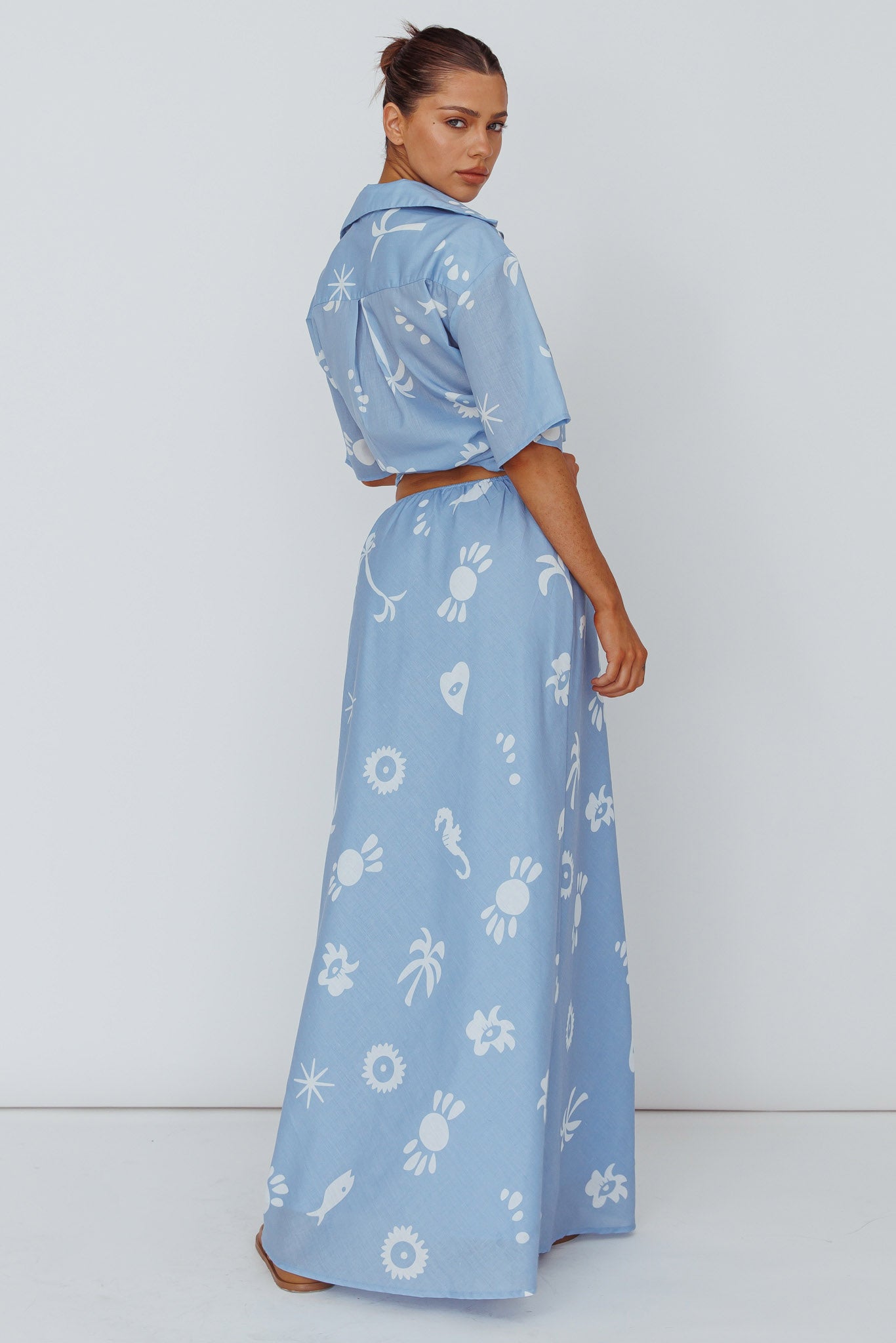 Light Aura Maxi Skirt Print Blue White-Maymioy