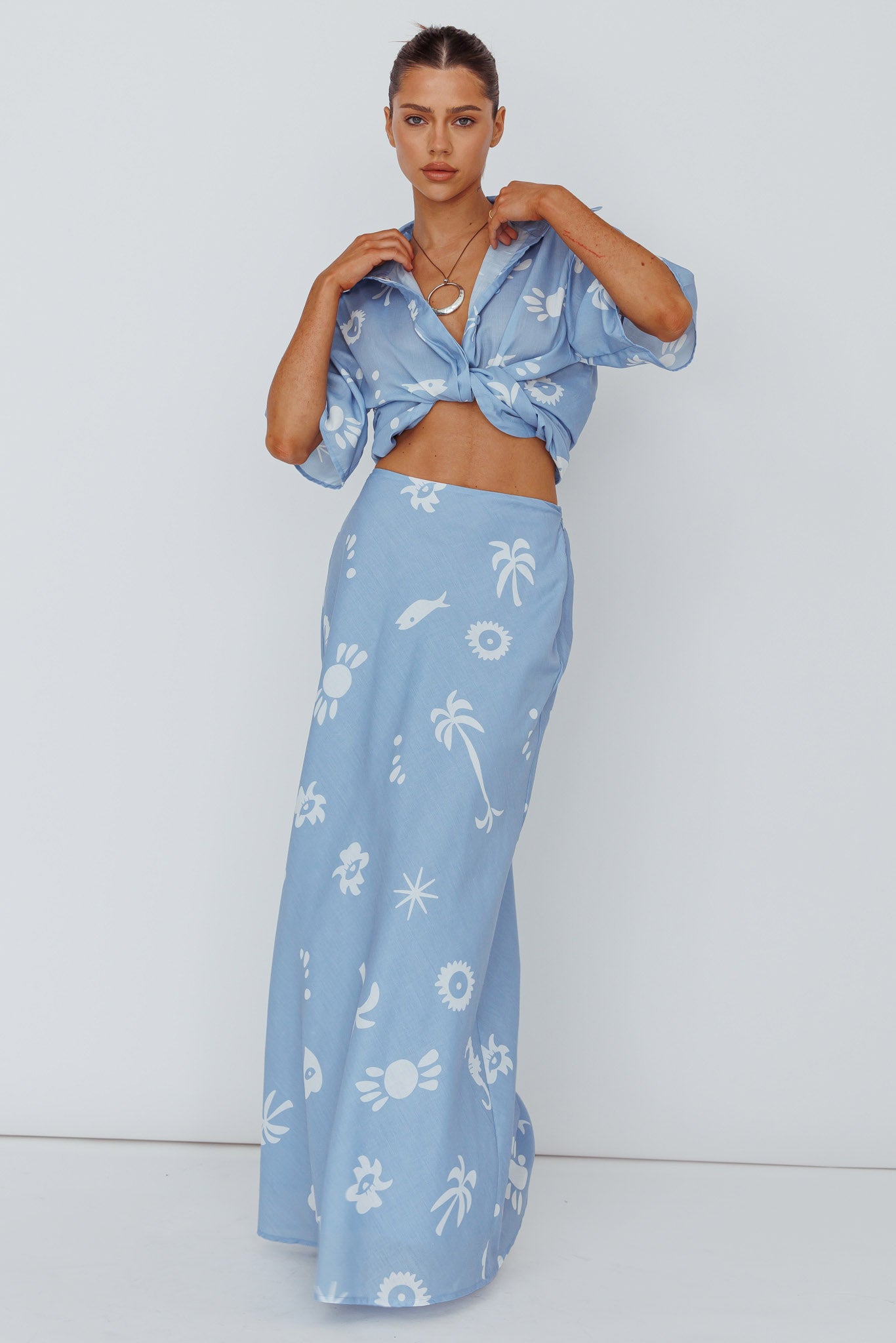 Light Aura Maxi Skirt Print Blue White-Maymioy