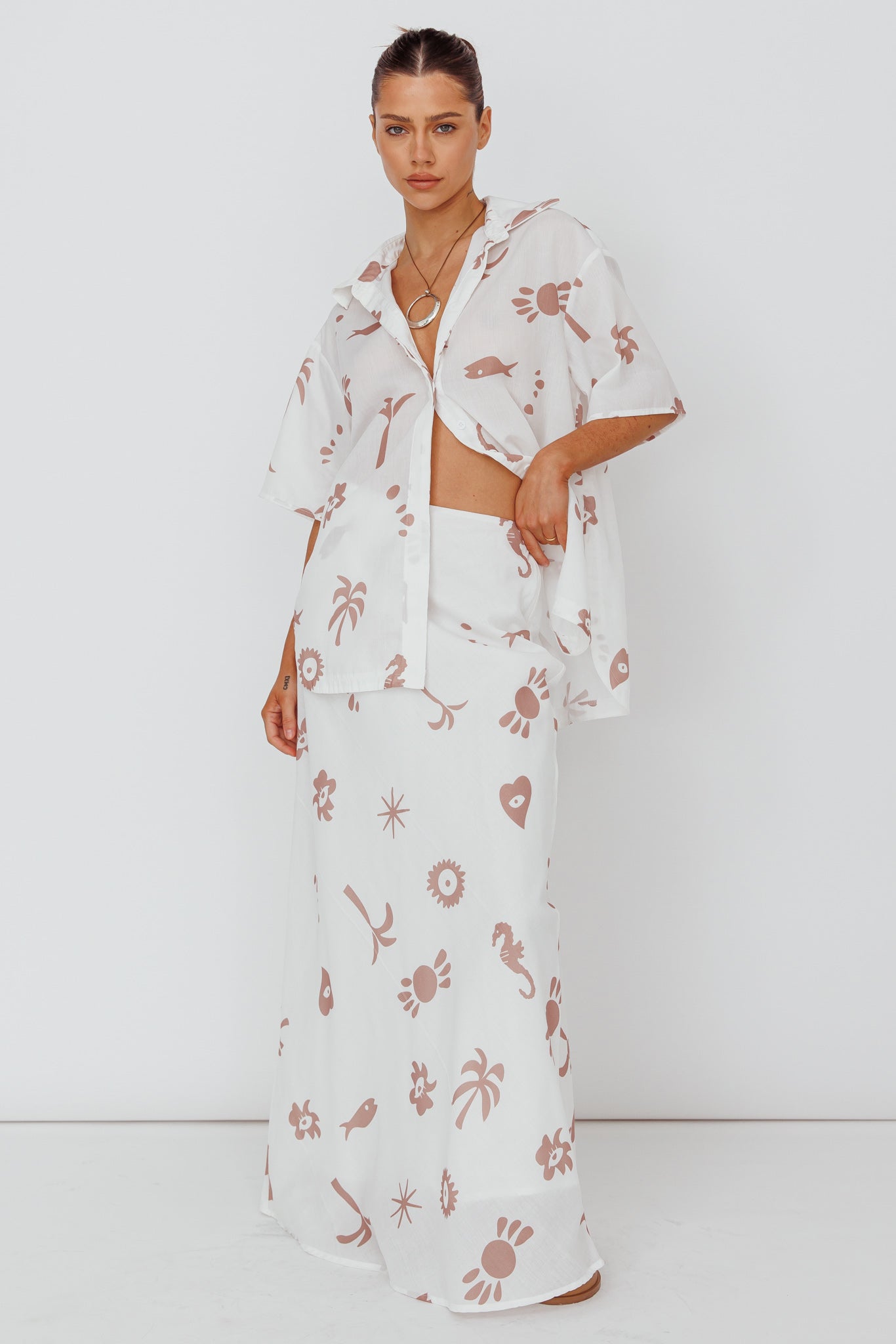 Light Aura Maxi Skirt Print White Tan-Maymioy