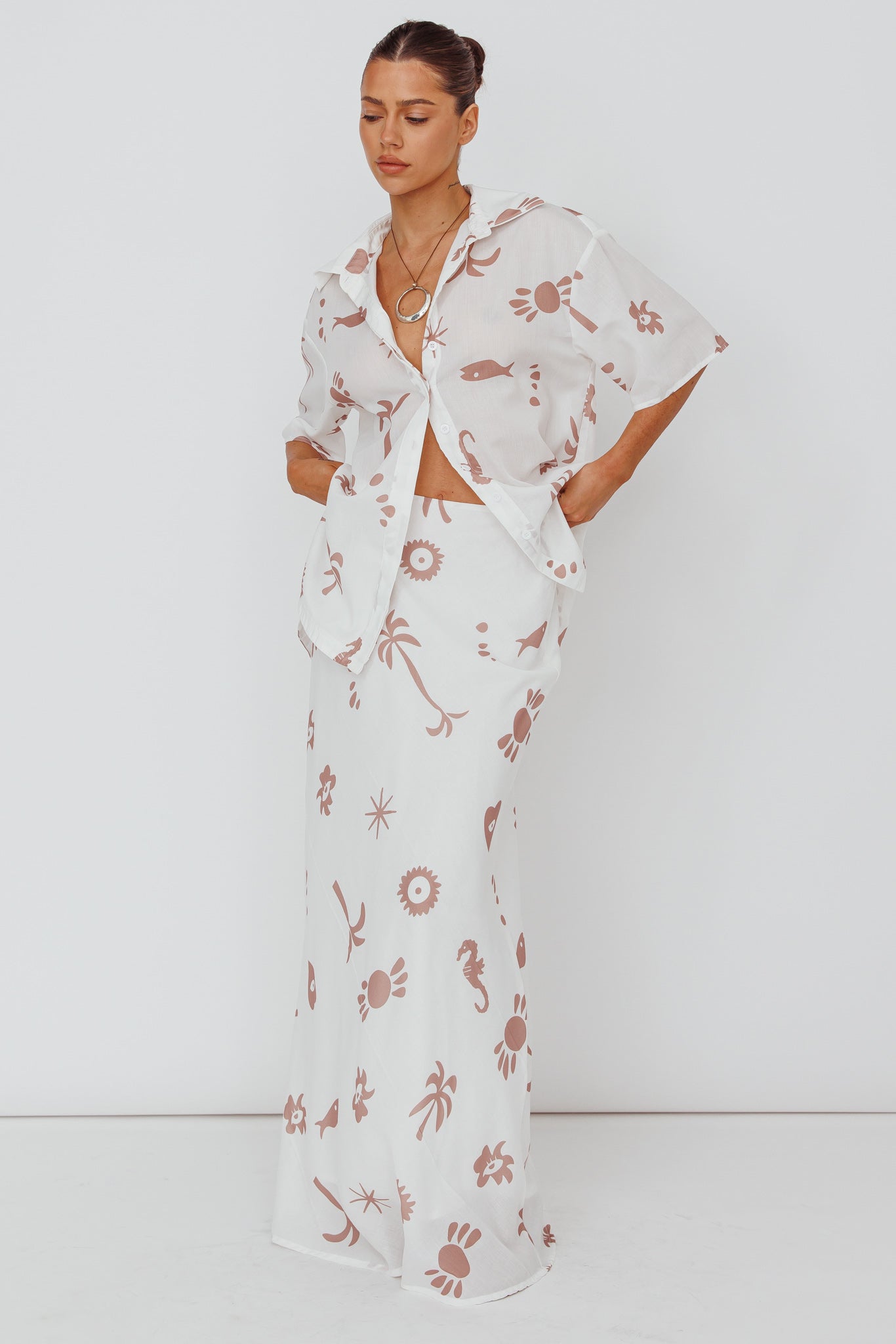 Light Aura Maxi Skirt Print White Tan-Maymioy