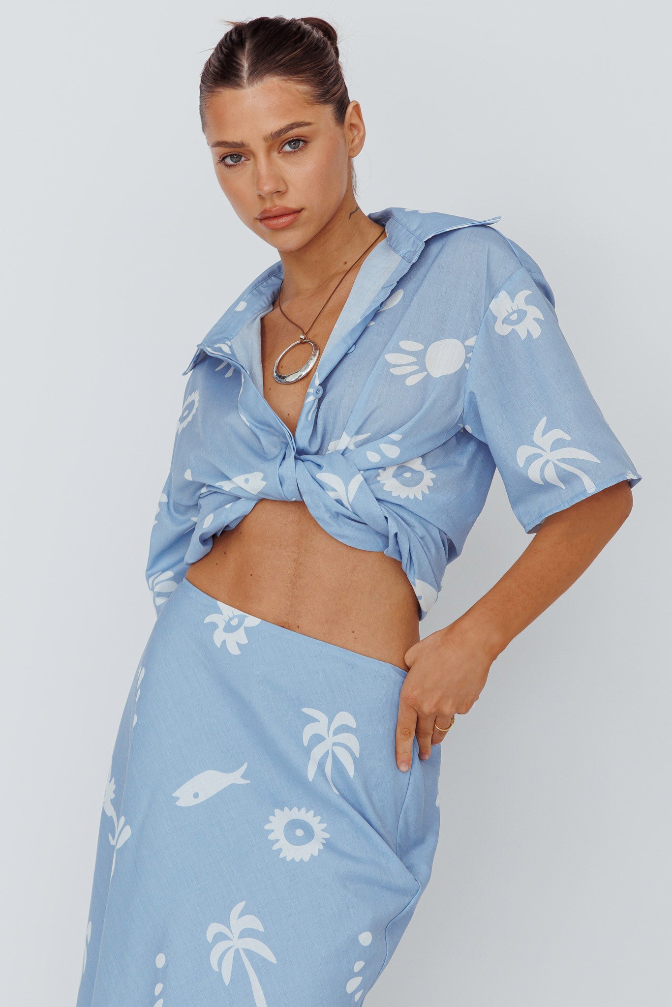 Light Aura Button Up Shirt Print Blue White-Maymioy
