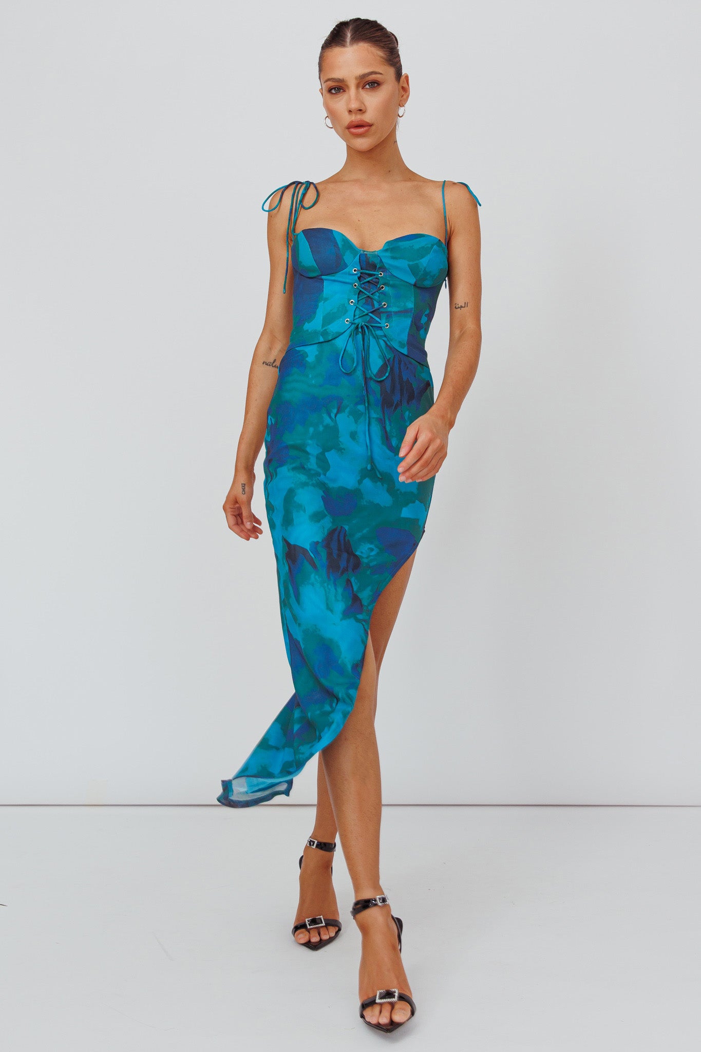 Gabrielle Laced Bodice Midi Dress Floral Green-Maymioy